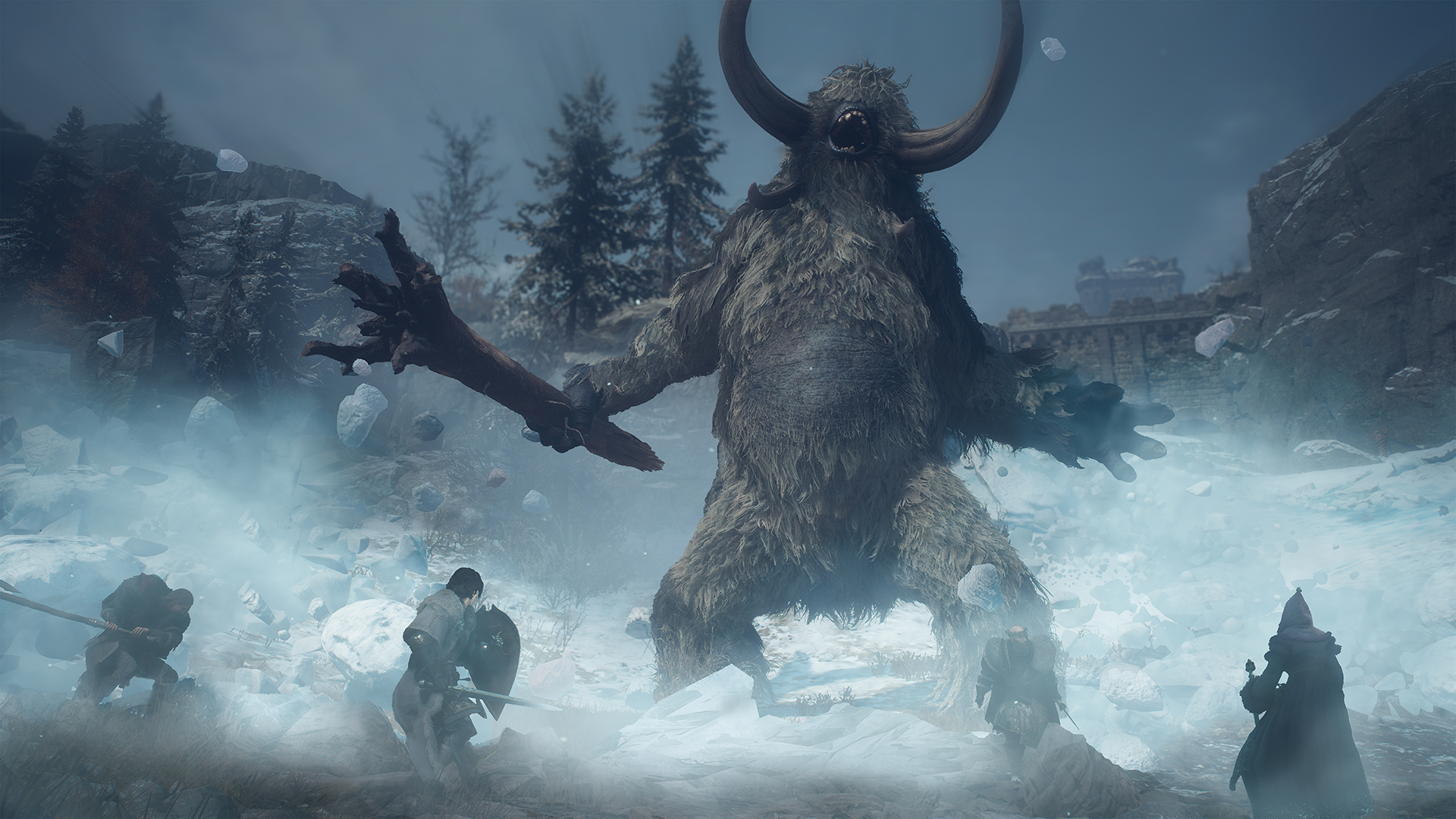 Ein riesiges, behaartes Monster mit Hörnern und einer Keule steht vor einer Gruppe von Kriegern im Schnee.