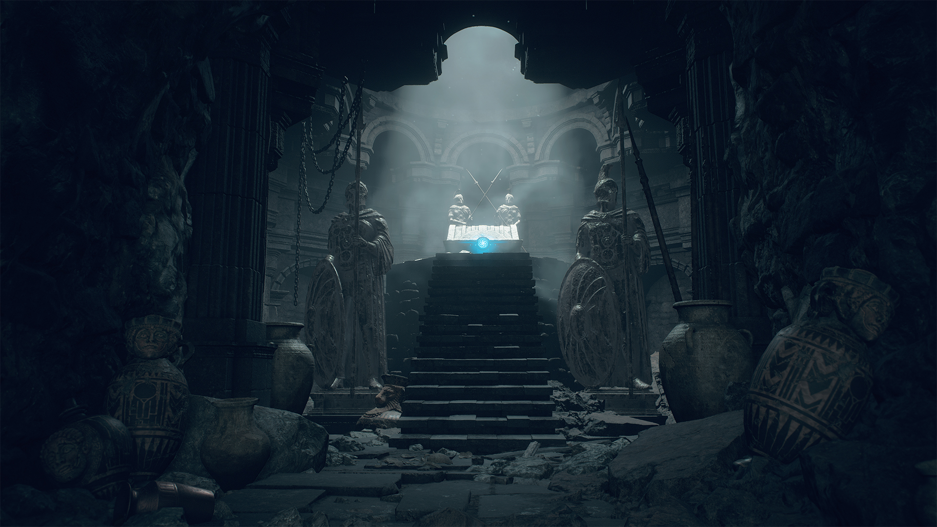 Düstere Steinhöhle mit Treppen, Statuen und einem blauen Lichtkasten im Scheinwerferlicht.