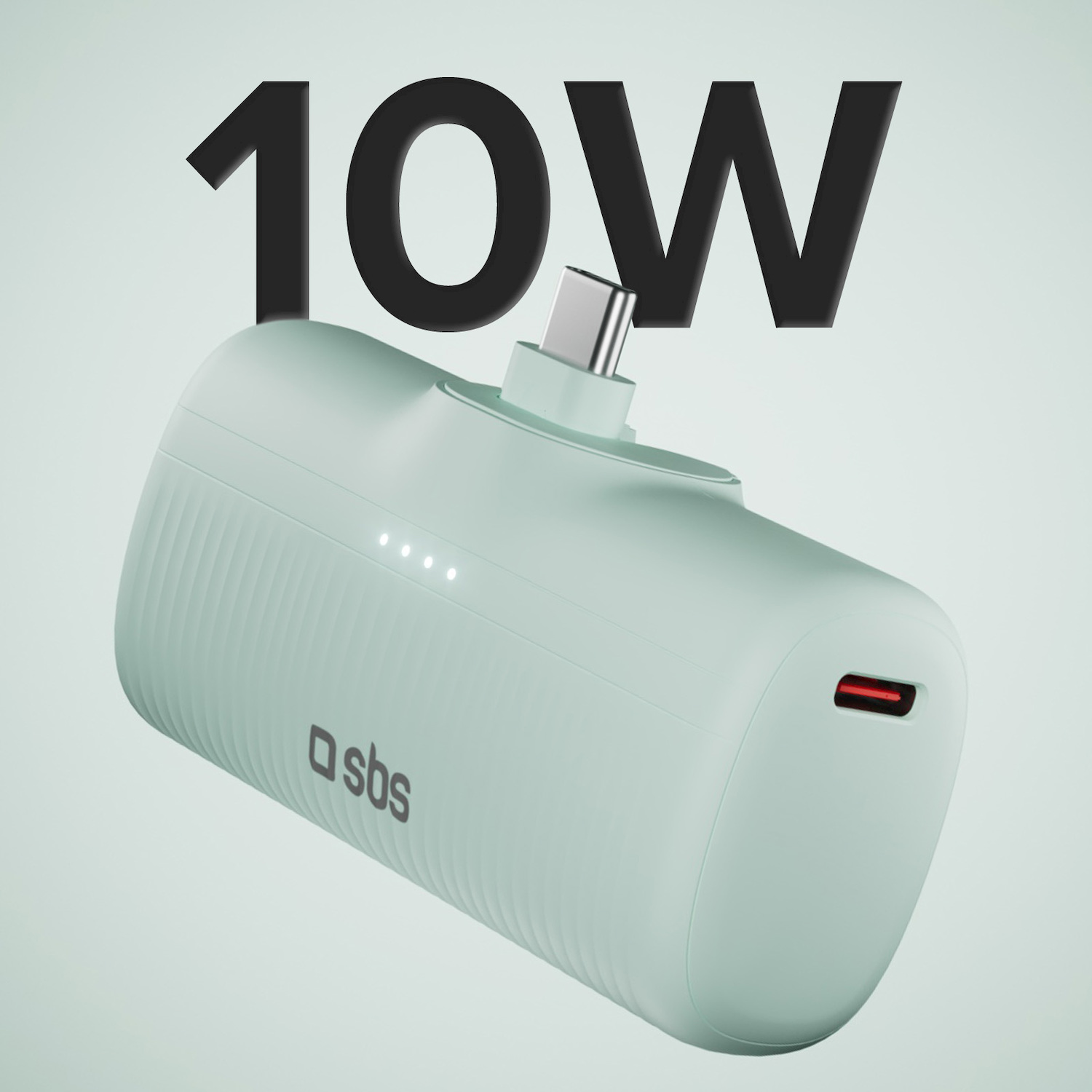 Power bank verde chiaro minimalista con connettore USB-C integrato e scritta 10W.
