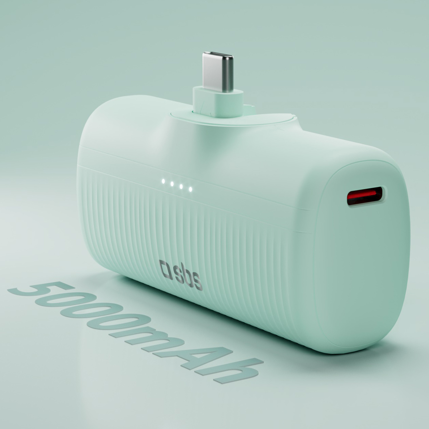 Un power bank verde chiaro con connettore Tipo-C e scritta 5000mAh su sfondo coordinato.