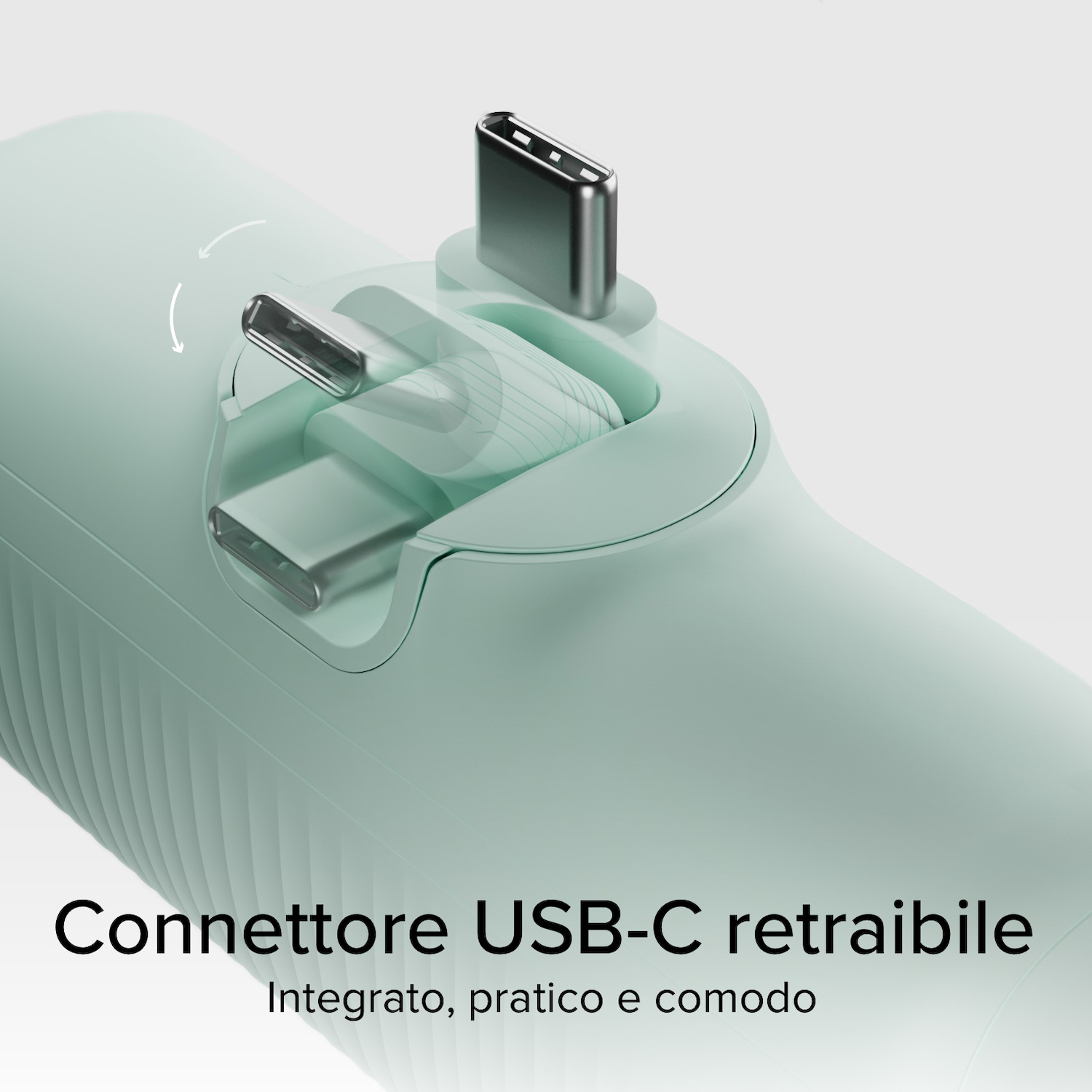 Un dispositivo verde chiaro con un meccanismo di connettore USB-C rotante e retrattile.