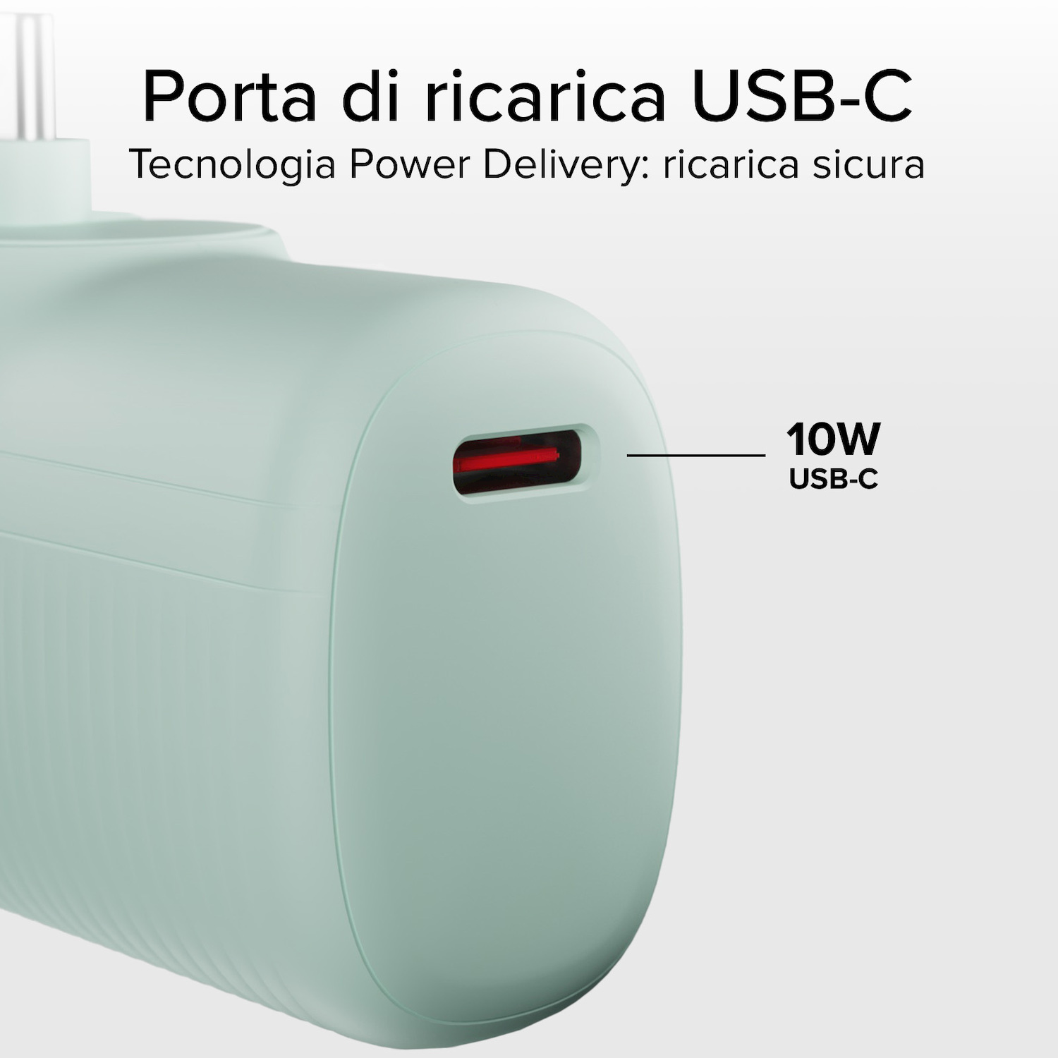 Caricabatterie USB-C verde con potenza di 10W e Power Delivery.