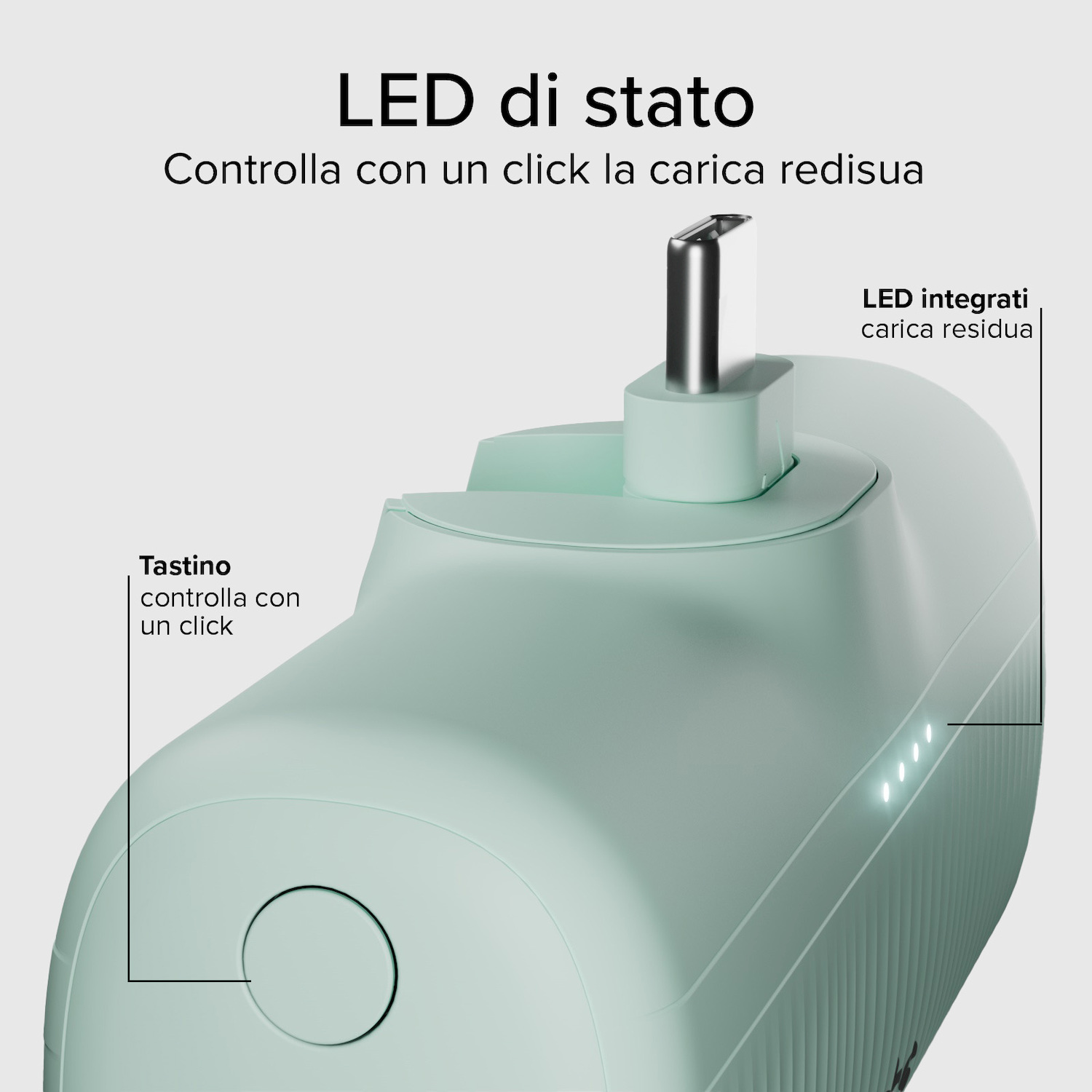 Power bank verde chiaro con connettore USB-C, tasto rotondo e quattro LED indicatori sul lato.