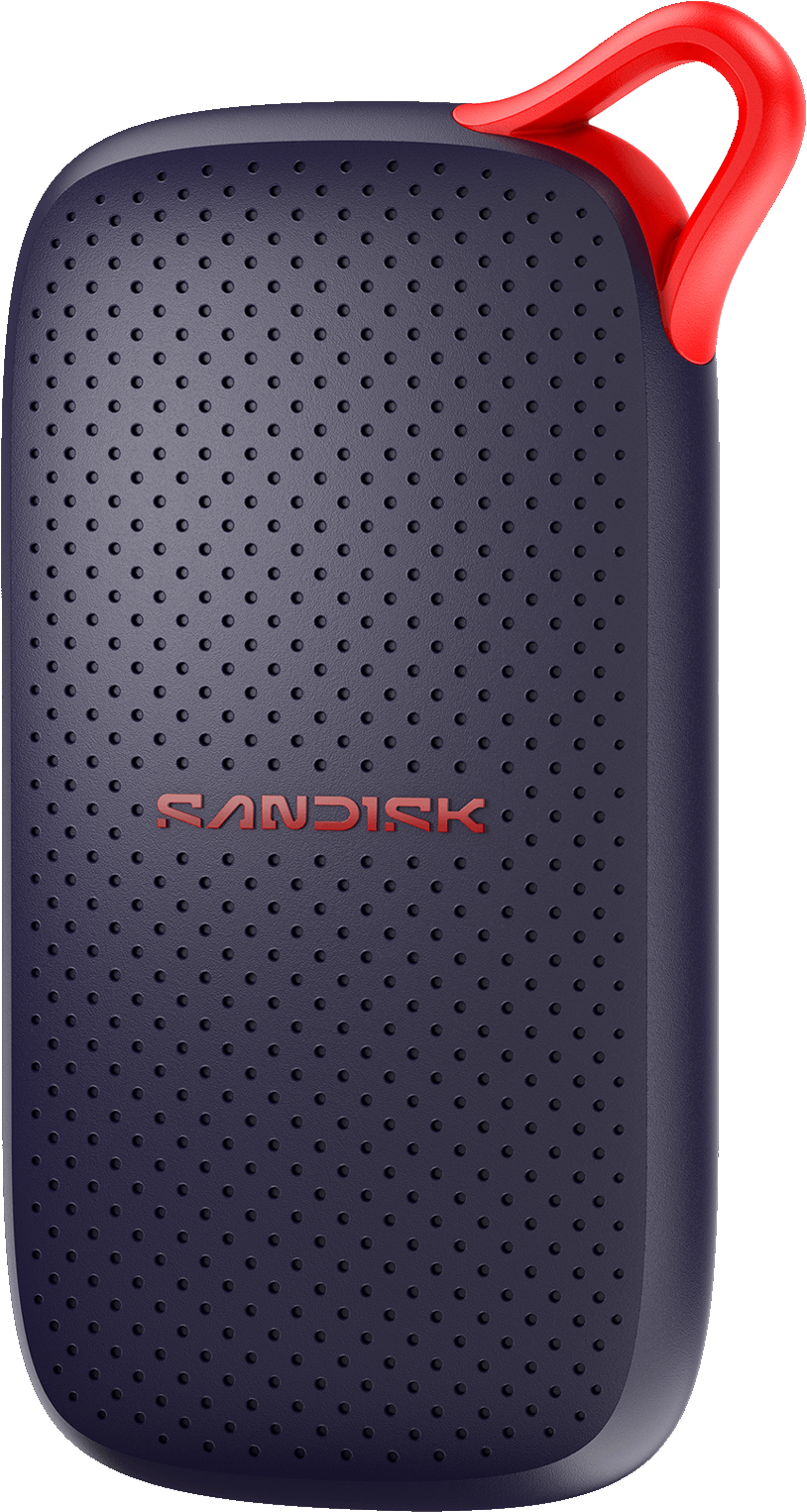 Dunkelblaue SanDisk SSD mit perforierter Oberfläche und roter Schlaufe oben rechts auf schwarzem Hintergrund.