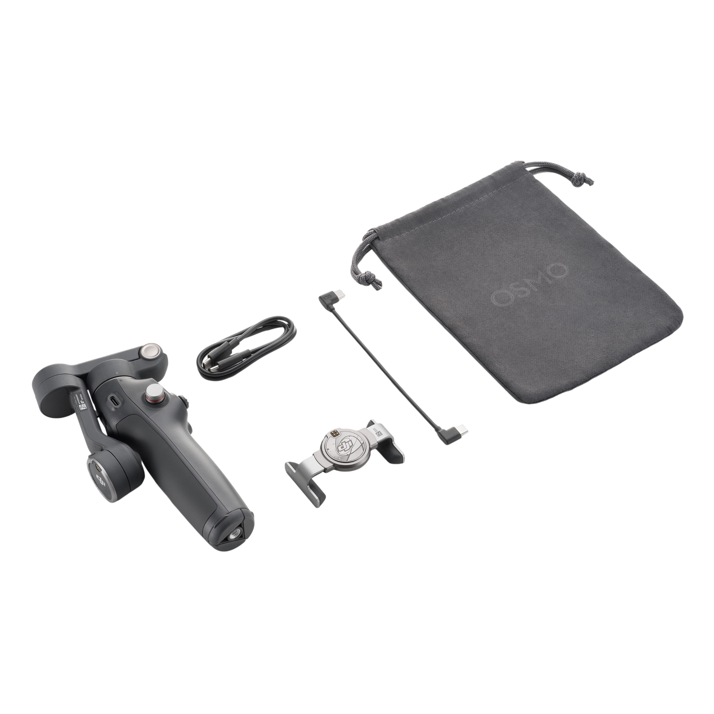 Siyah arkaplanda bilek kayışı, telefon kıskaçları, kablolar ve saklama çantası bulunan DJI Osmo gimbal.