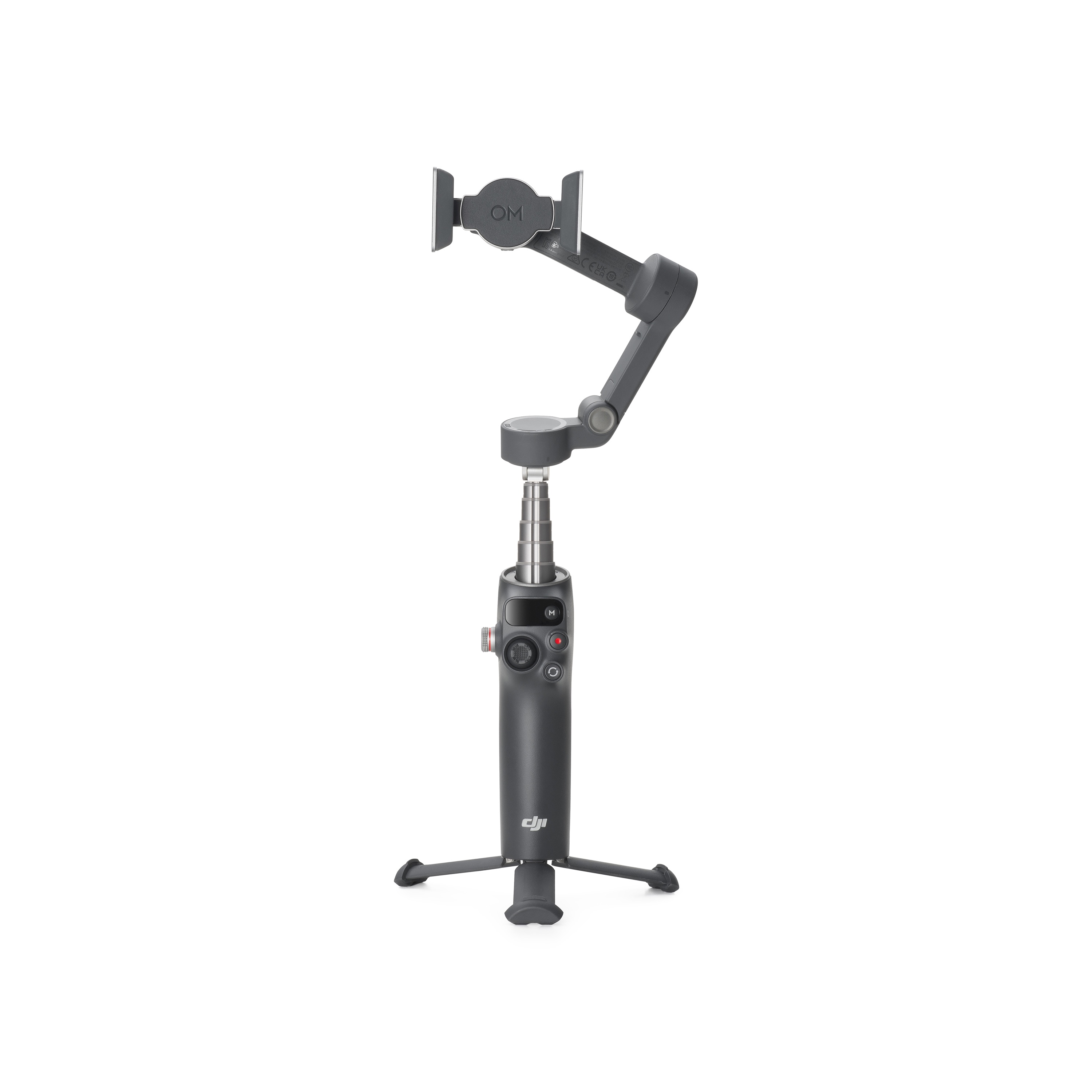 Beyaz arka planda entegre tripod standına sahip koyu gri bir DJI akıllı telefon gimbalı.