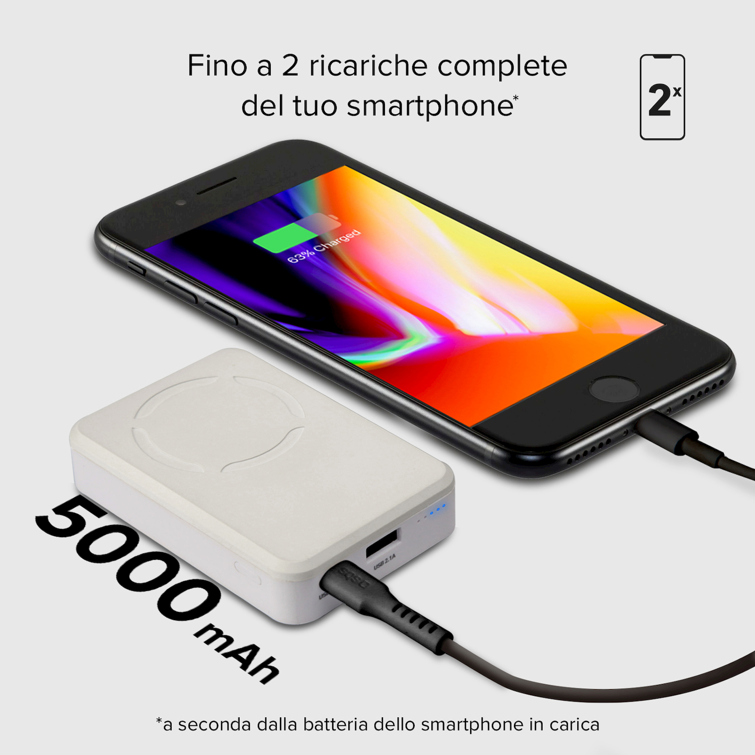 Un power bank bianco da 5000 mAh ricarica uno smartphone nero con un cavo.