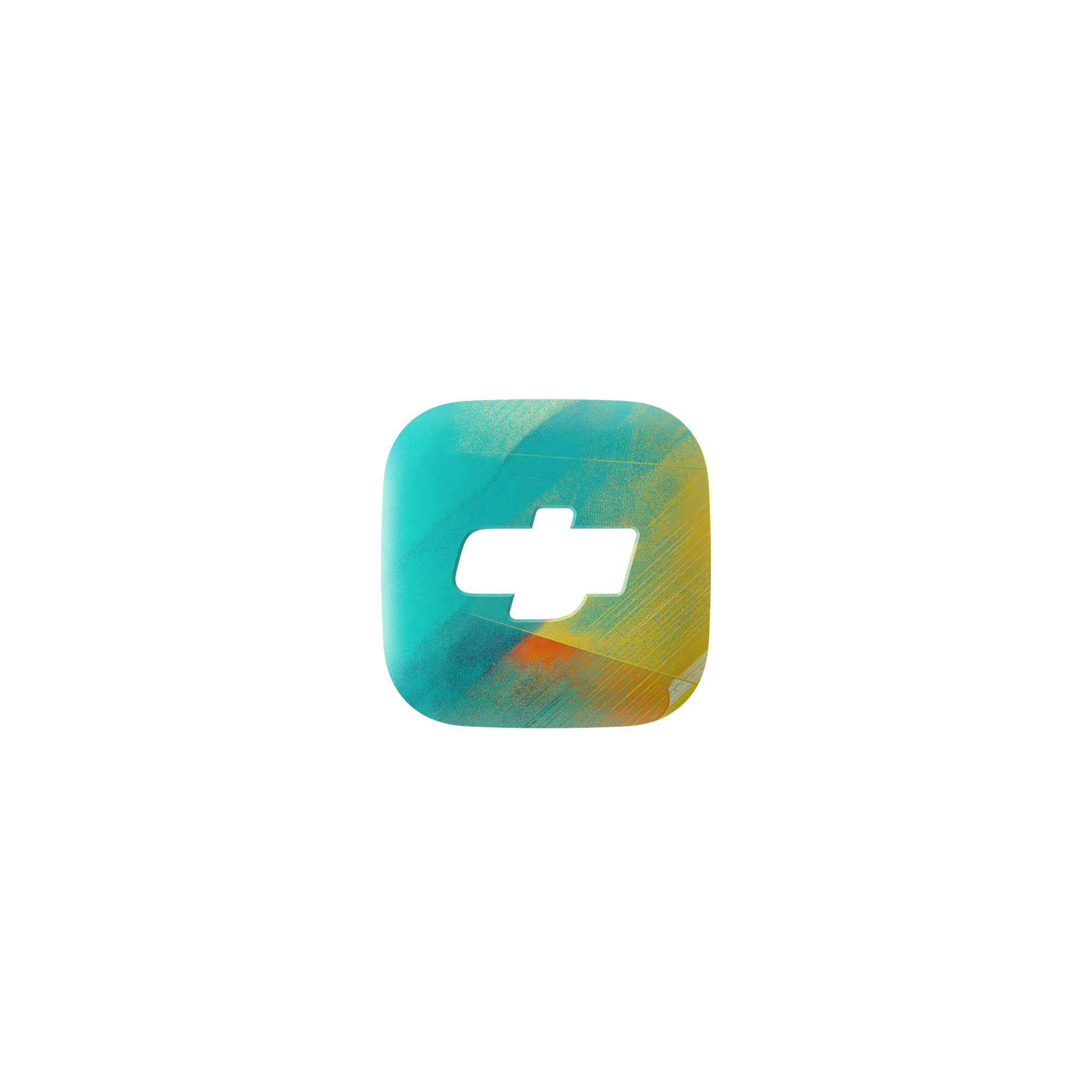 Ein buntes App-Symbol in Türkis und Gelb mit einem schwarzen Kreuz in der Mitte auf schwarzem Hintergrund.