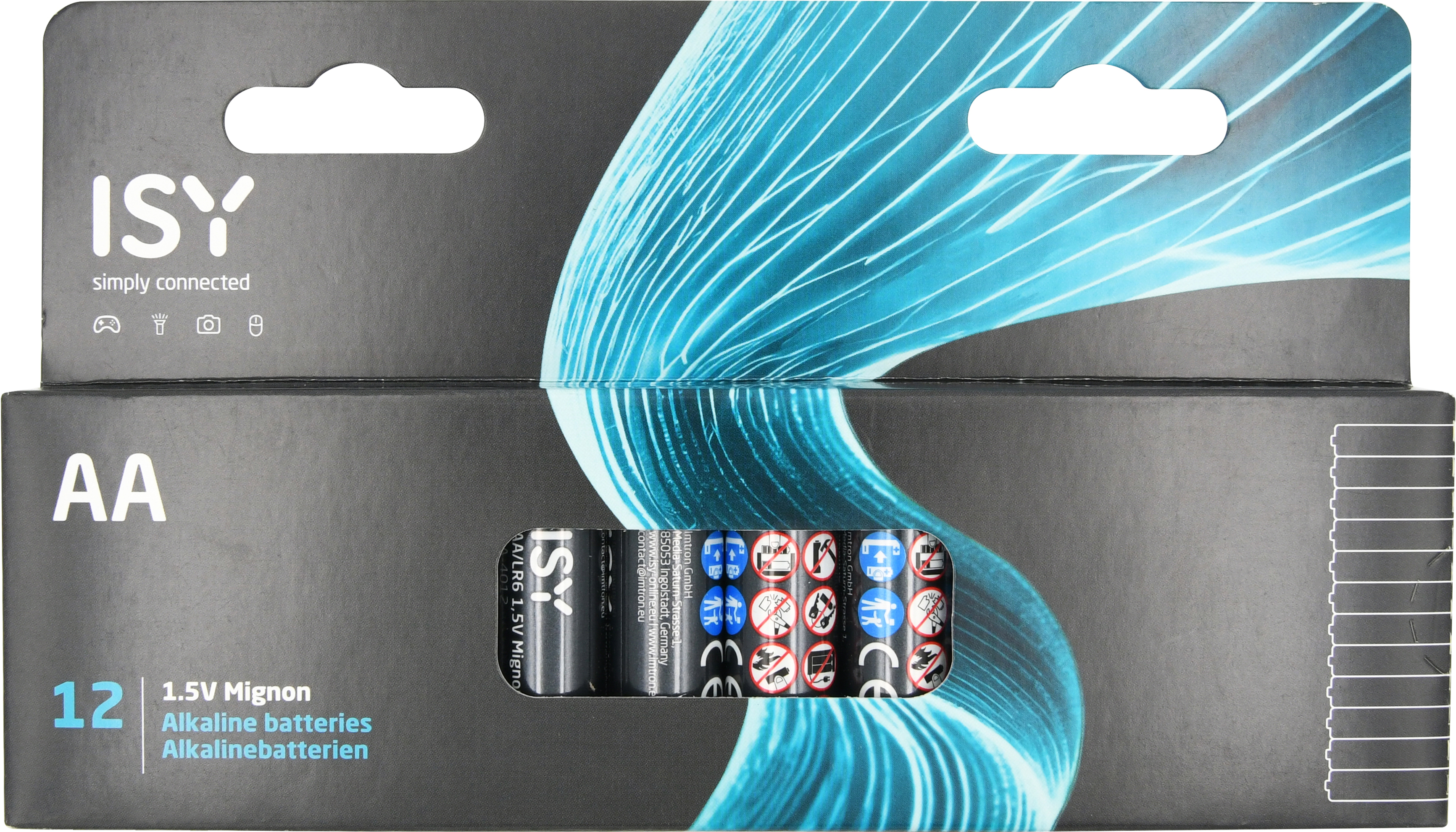 Schwarze Isy AA Alkaline-Batterieverpackung mit blauen Lichtstreifen und Sichtfenster auf die Batterien.