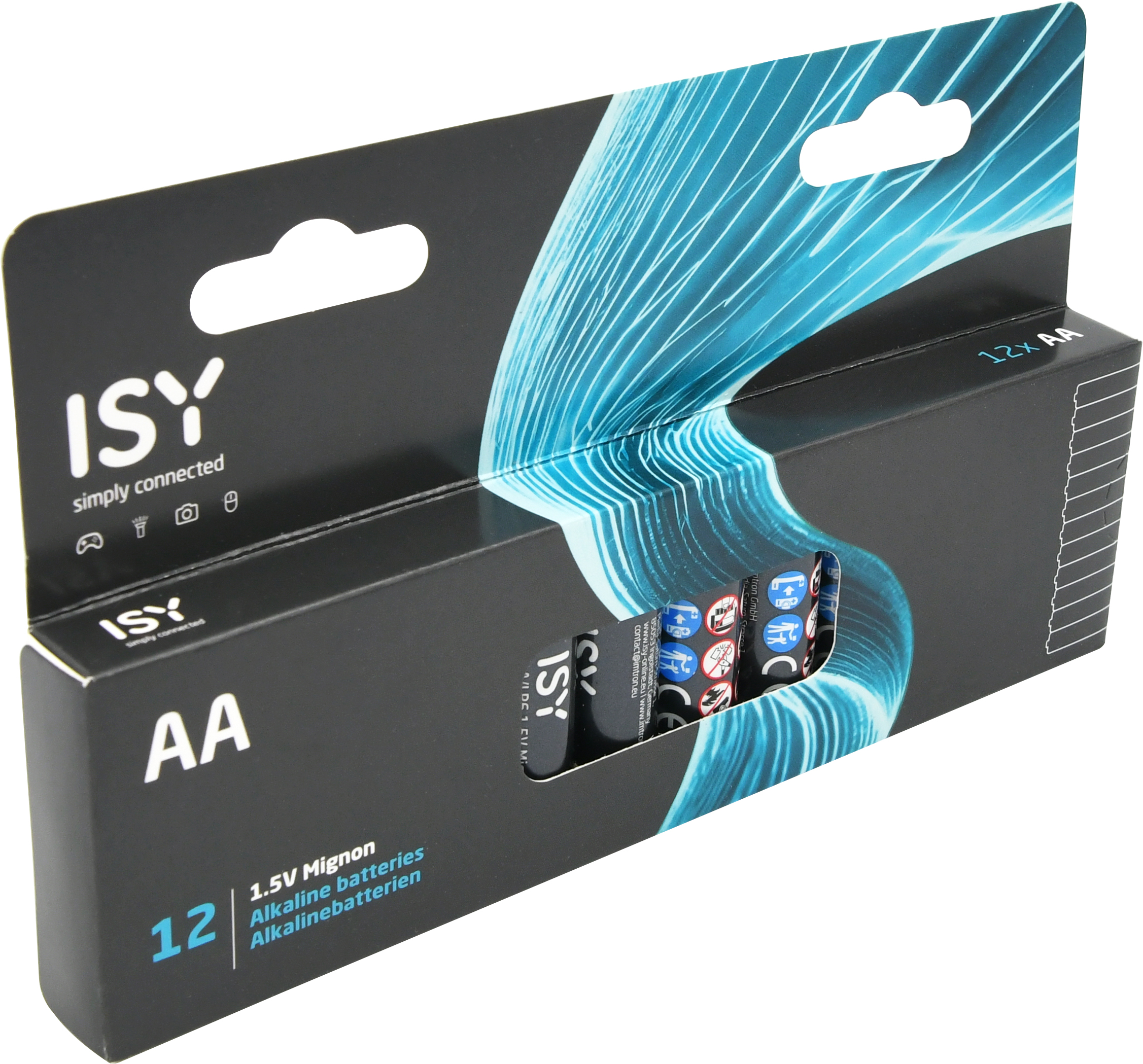 Schwarze ISY AA-Alkalibatterieverpackung mit blauen Wellenmustern und Sichtfenster auf die Batterien.