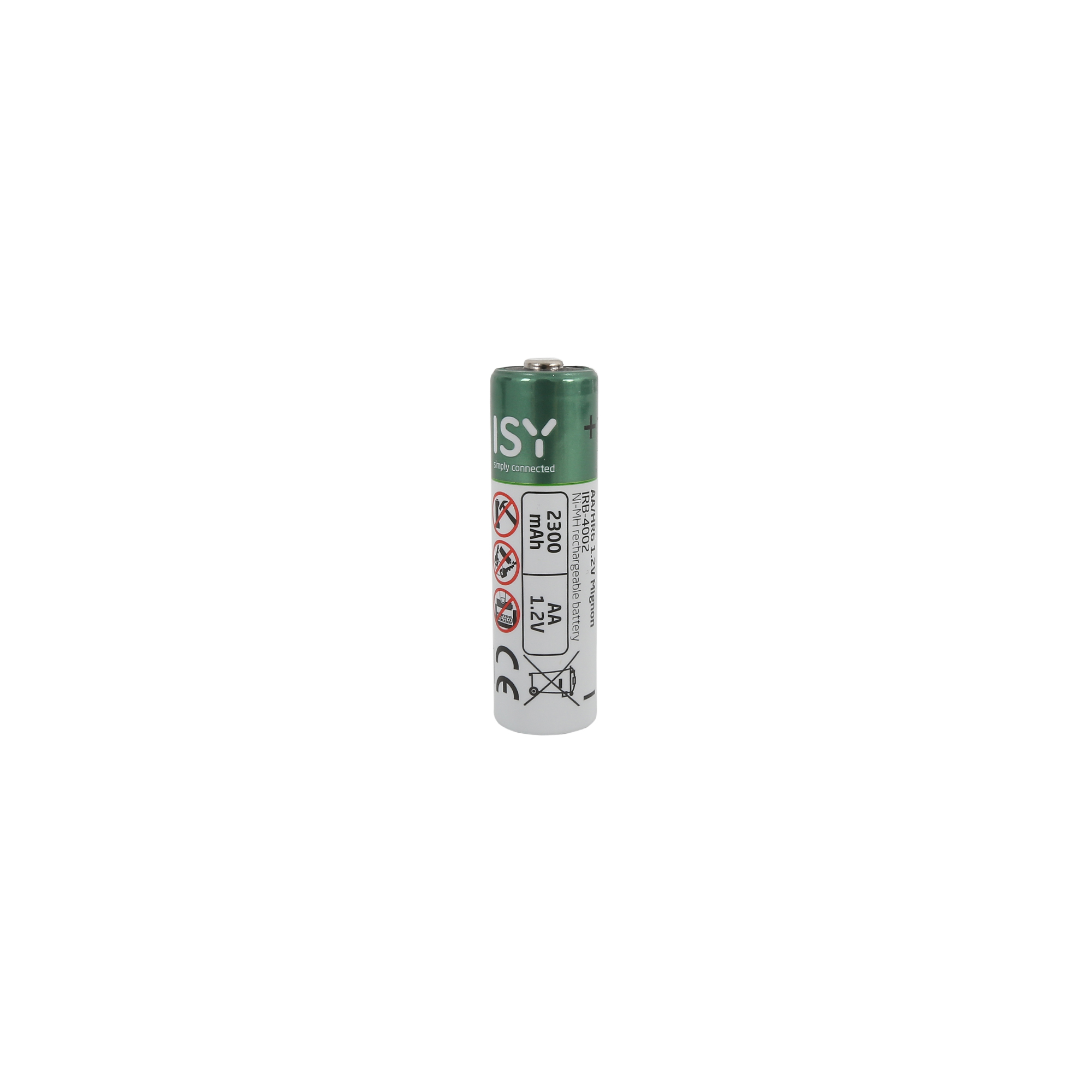 Eine grüne und weiße ISY AA Wiederaufladbare Batterie steht auf weißem Grund.