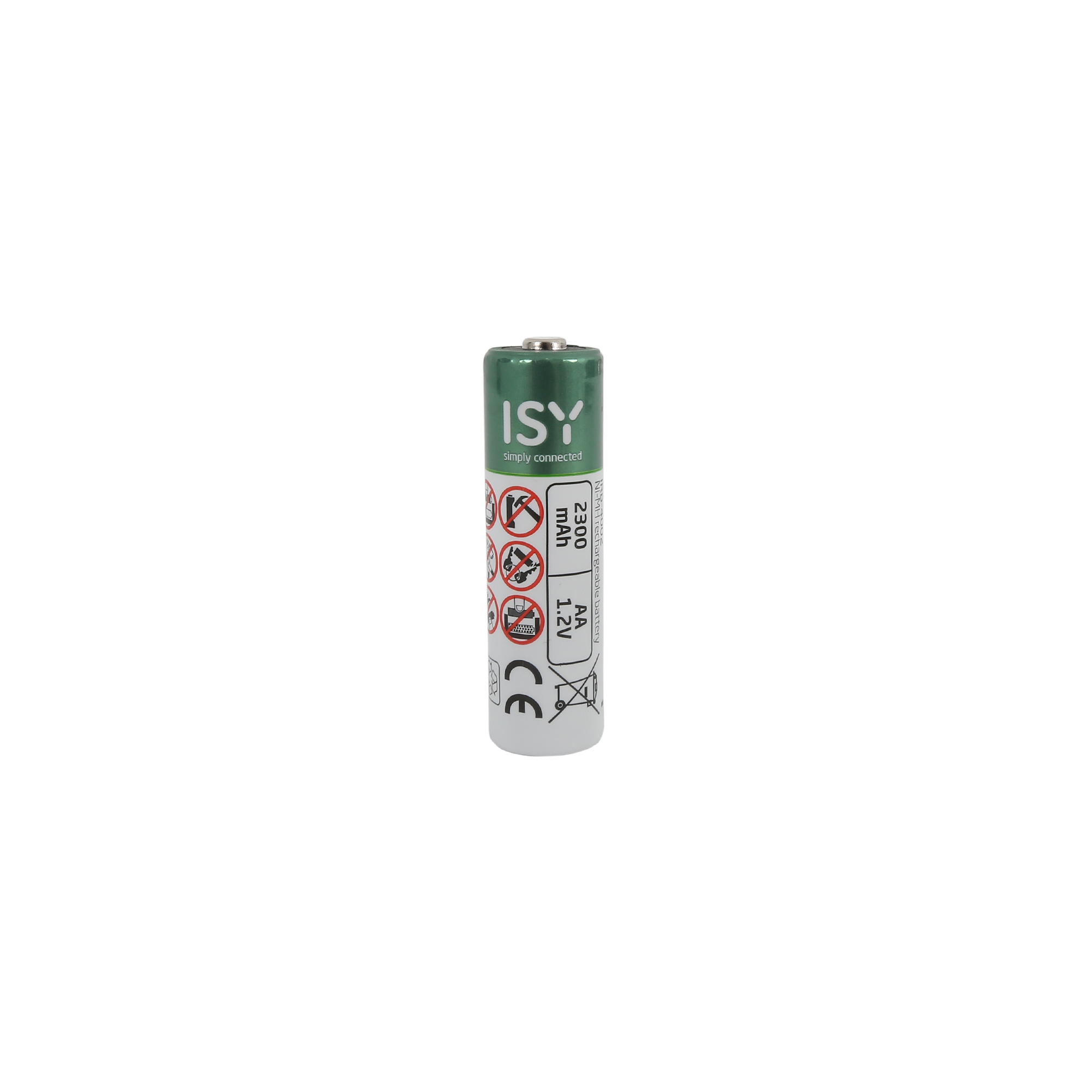 Eine grüne und weiße ISY AA-Wiederaufladbare Ni-MH-Batterie mit 2300 mAh.