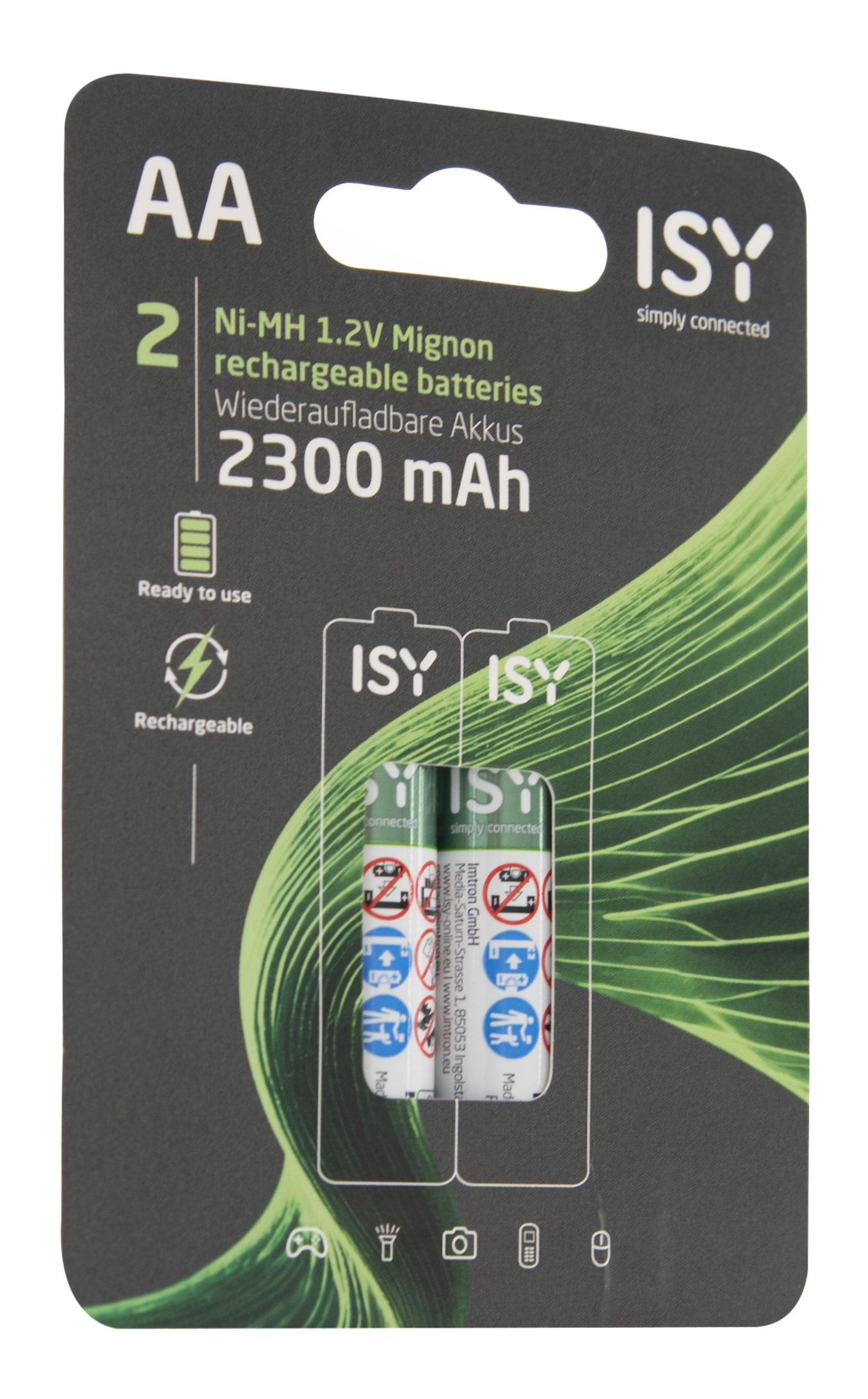 Verpackung von zwei ISY AA 2300 mAh Ni-MH Akkus mit grünen Designelementen.