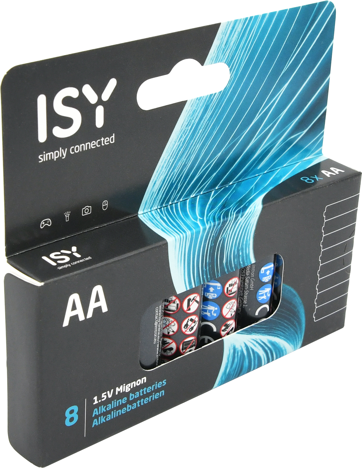 Eine schwarze Verpackung für 8 ISY AA Alkaline-Batterien mit blauem Design und einem Sichtfenster auf der Vorderseite.