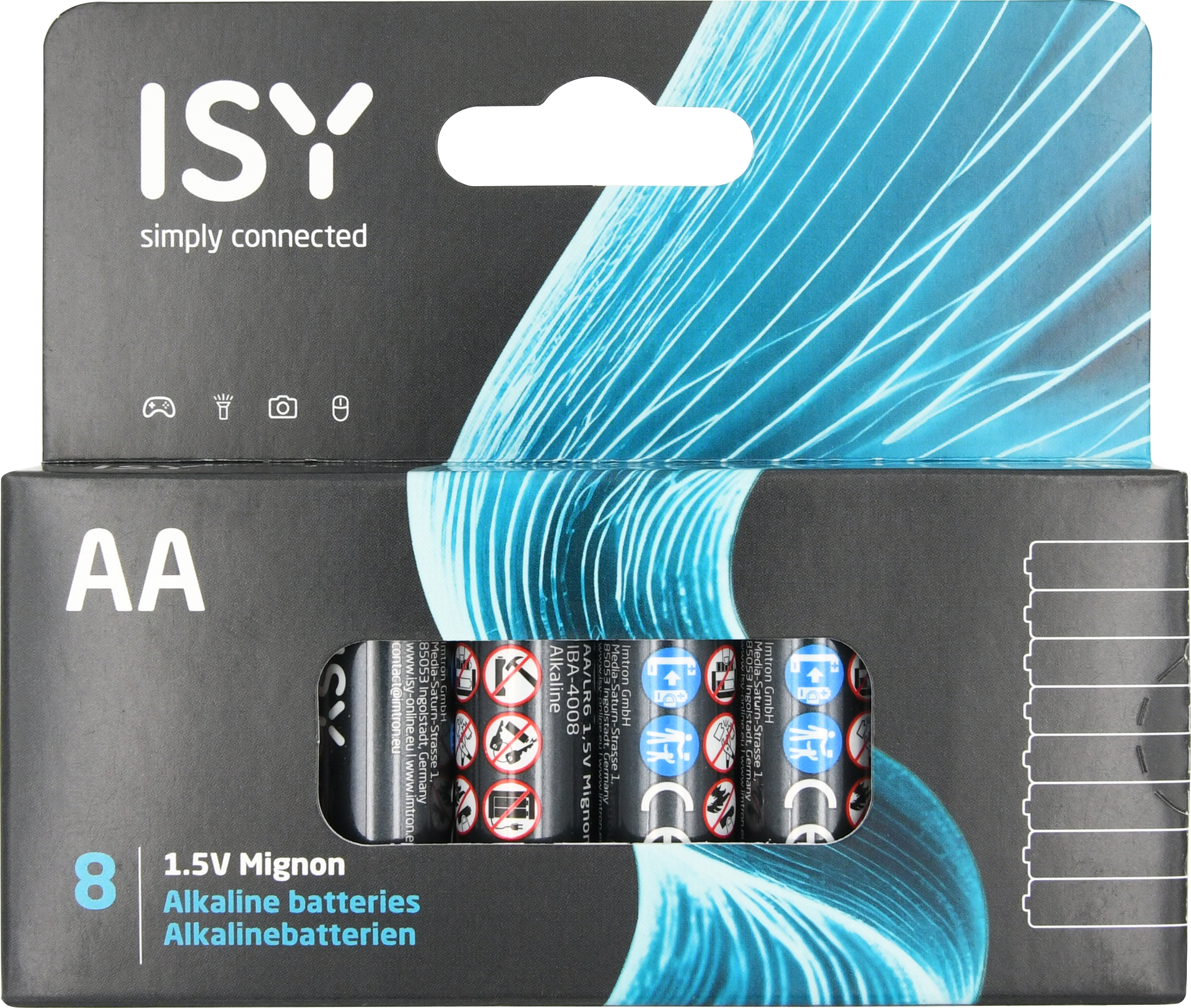 Verpackung von 8 ISY AA Alkaline-Batterien in schwarzem Karton mit blauem Lichtdesign und Sichtfenster.