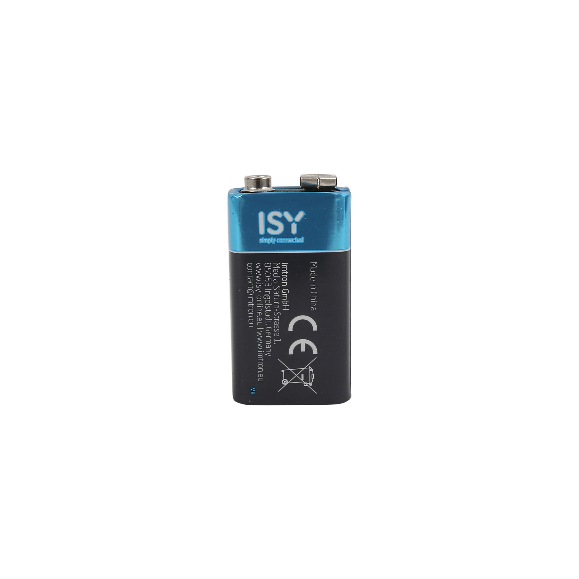 Eine schwarze und blaue 9-Volt-Blockbatterie der Marke Isy auf weißem Hintergrund.