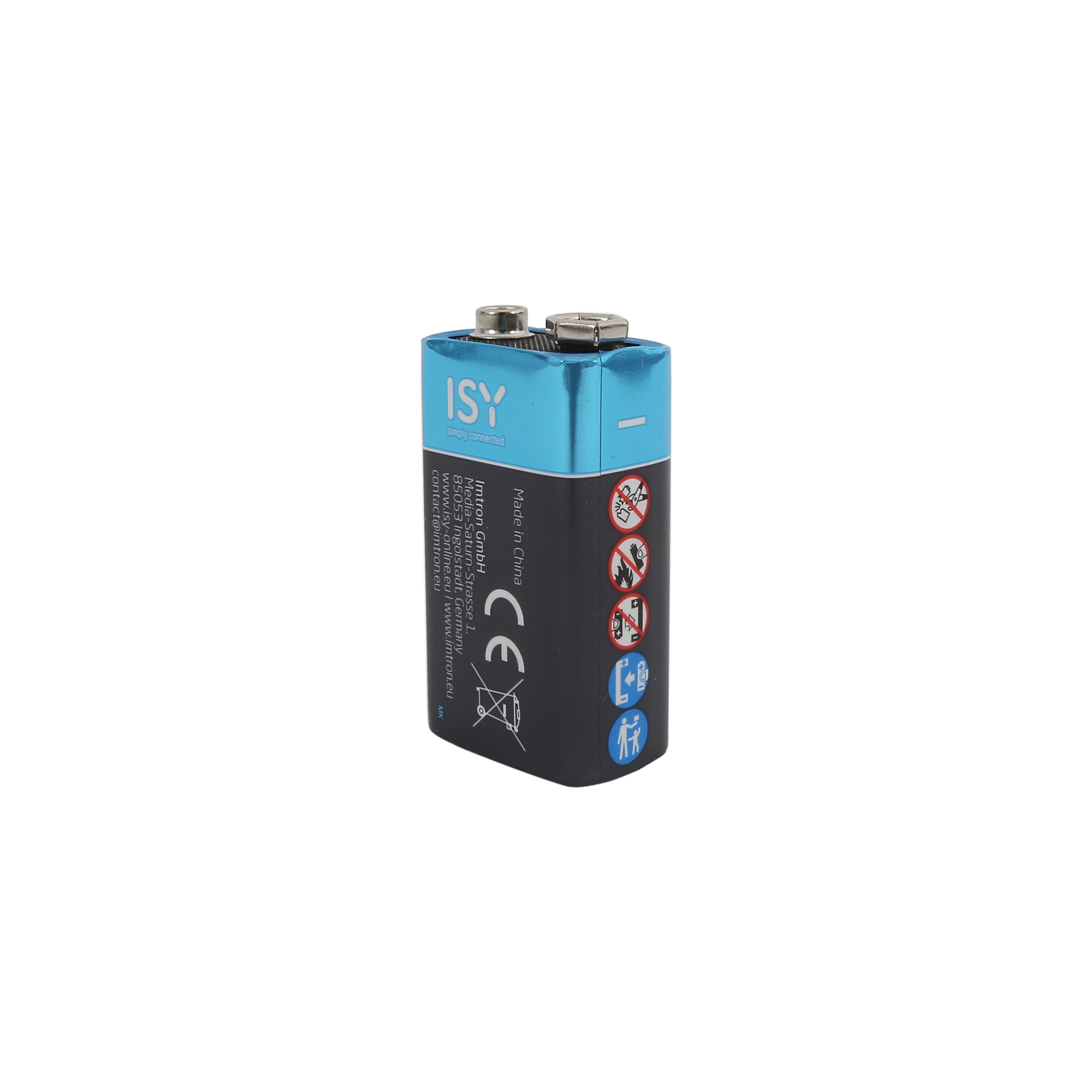 Eine ISY 9V Blockbatterie in Schwarz und Blau auf weißem Hintergrund mit Text und Symbolen.