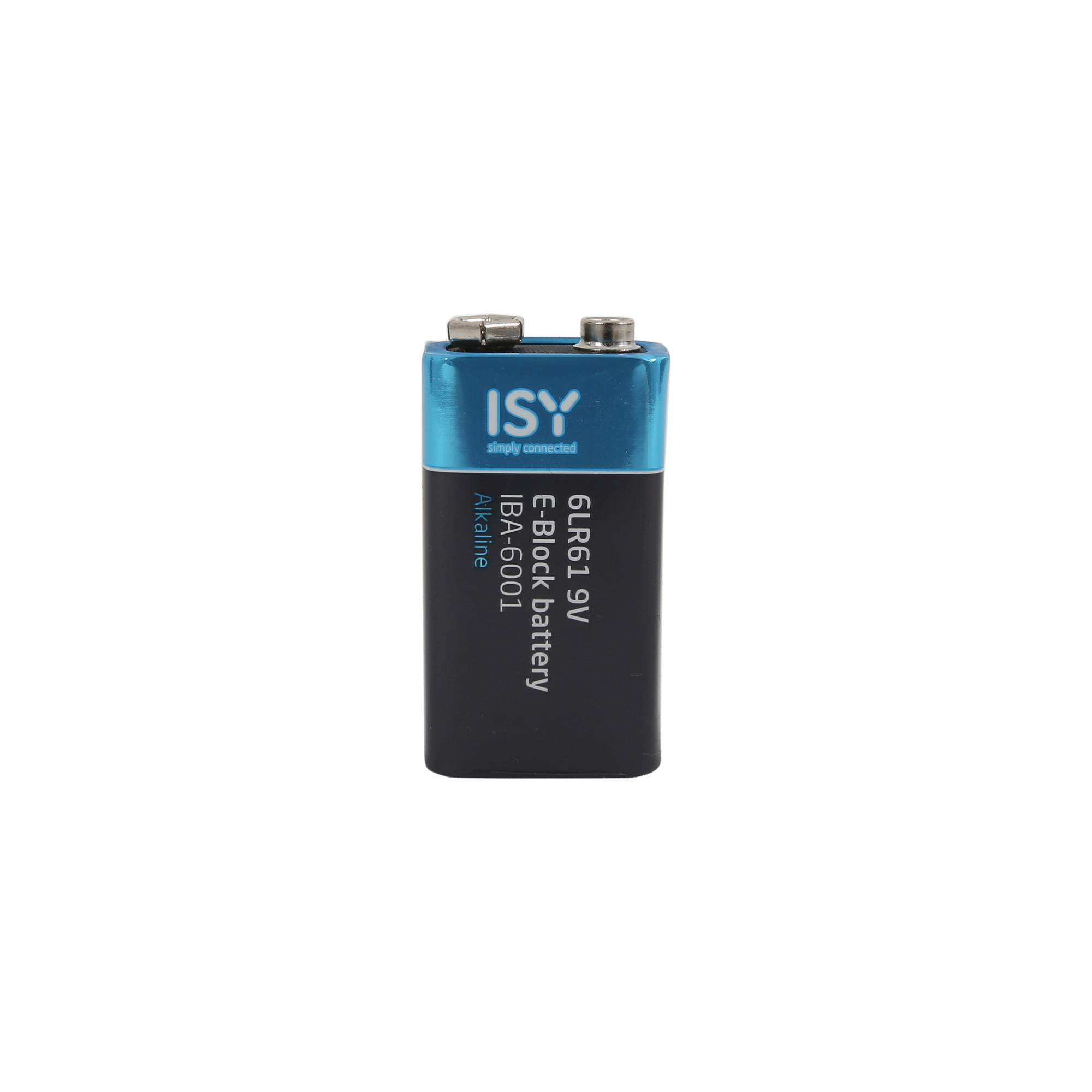 Eine rechteckige ISY 9V Blockbatterie in Schwarz und Blau steht isoliert auf weißem Hintergrund.