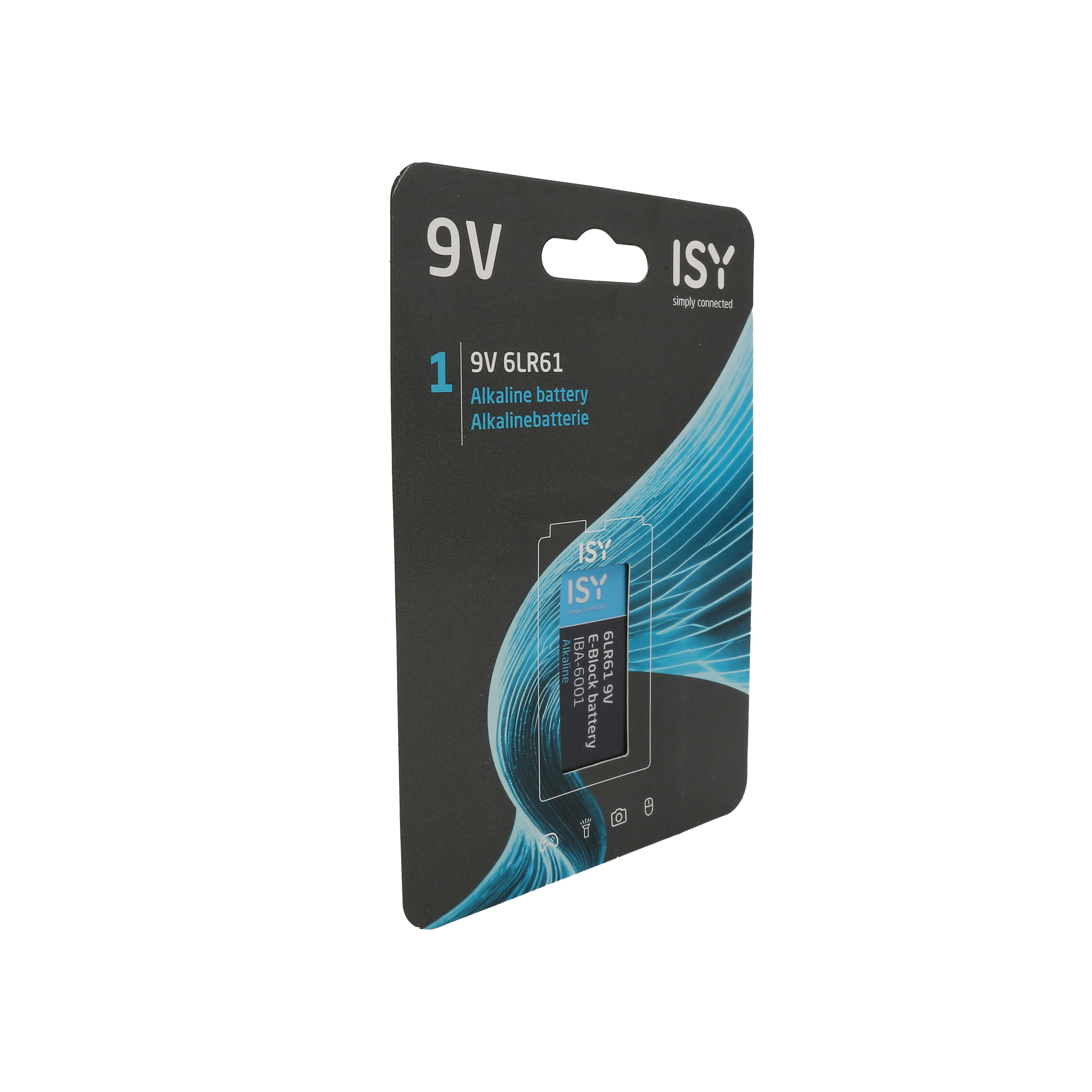 Eine ISY 9V Blockbatterie in schwarzer und blauer Blisterverpackung.