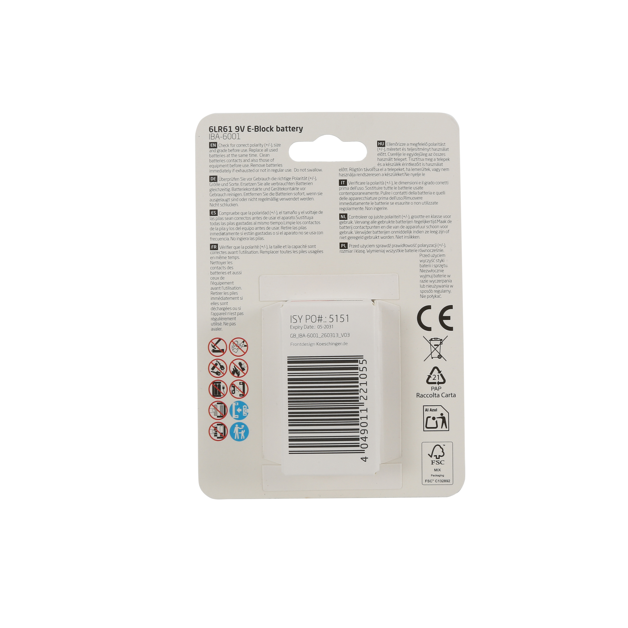 Rückseite einer 9V-Batterieverpackung mit Sicherheitshinweisen in vielen Sprachen und einem Barcode.
