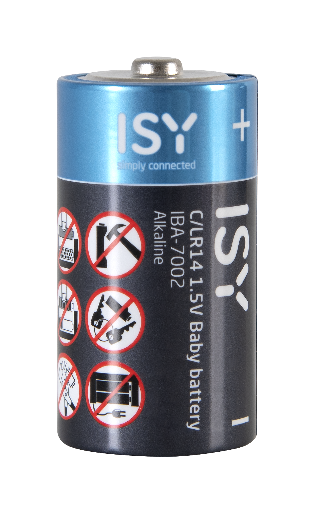 Blaue und schwarze ISY Alkaline Baby-C-Batterie mit Sicherheitssymbolen auf schwarzem Hintergrund.