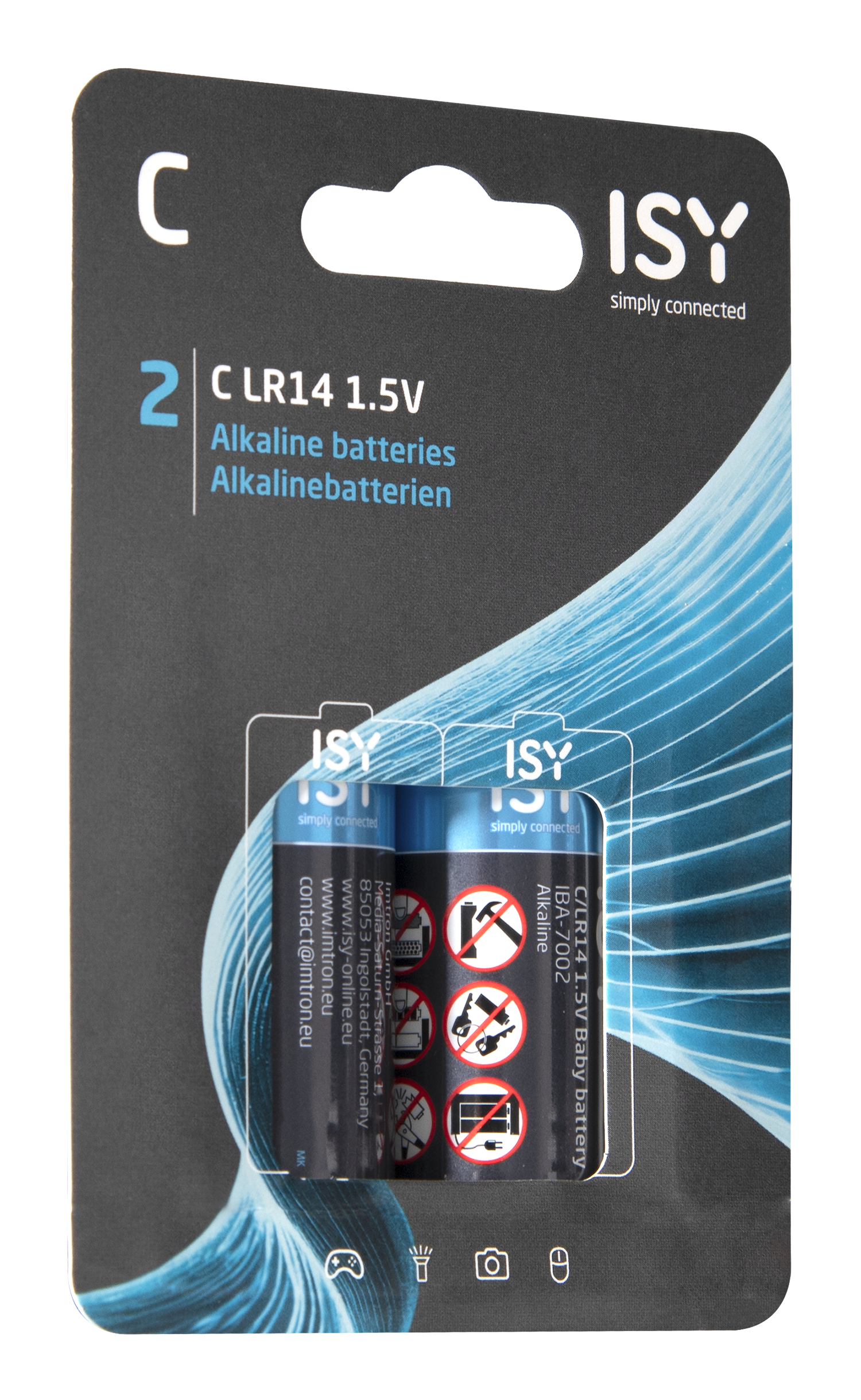 Verpackung mit zwei ISY C LR14 1,5V Alkaline-Babybatterien auf schwarzem Hintergrund mit blauen Linien.