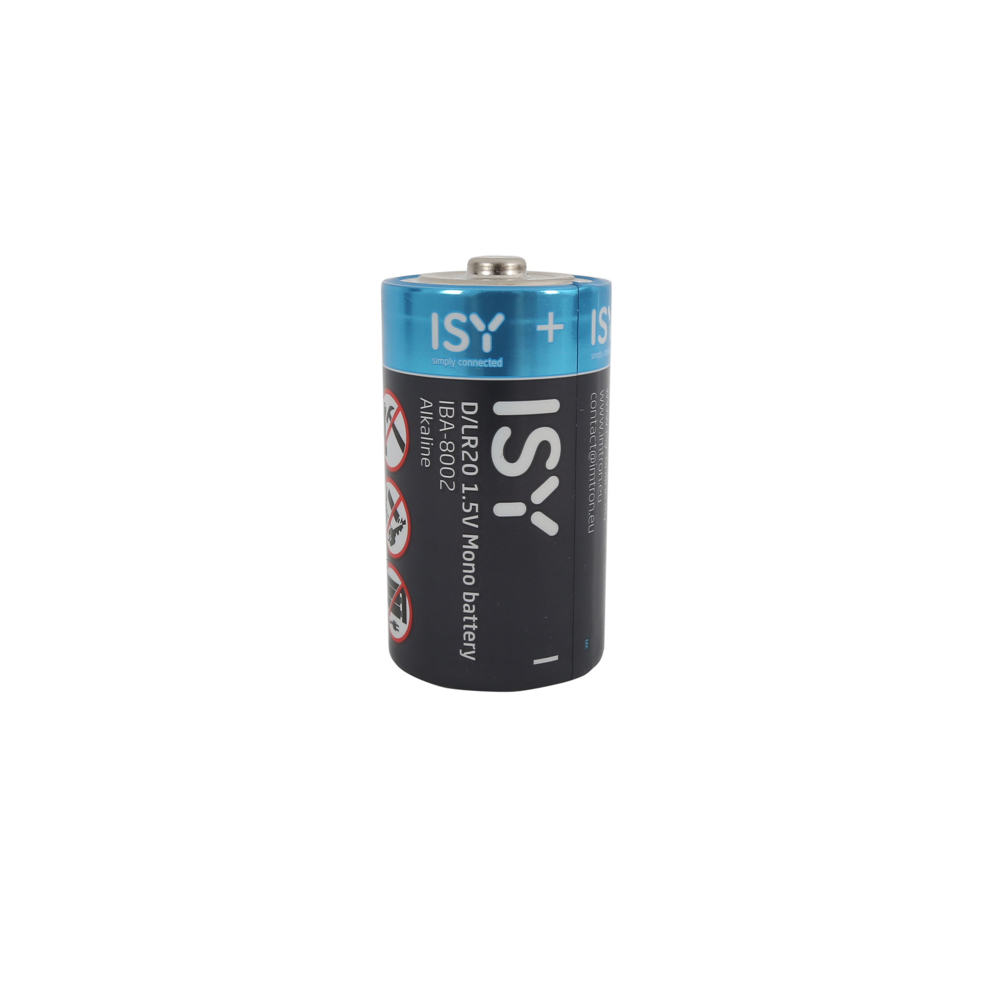 Eine blau-schwarze ISY D-LR20 1,5V Alkaline-Monobatterie mit Aufschriften vor weißem Hintergrund.