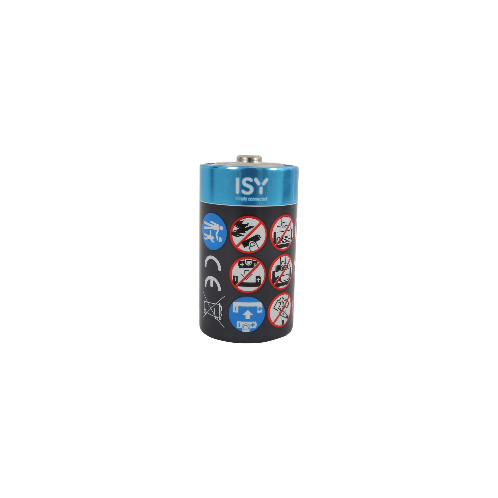 Eine ISY C-Batterie stehend auf einem weissen Hintergrund, mit Warnsymbolen auf der schwarzen und blauen Hülle.