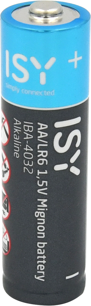 Eine blau-schwarze AA Alkaline-Mignonbatterie mit ISY-Markenzeichen.