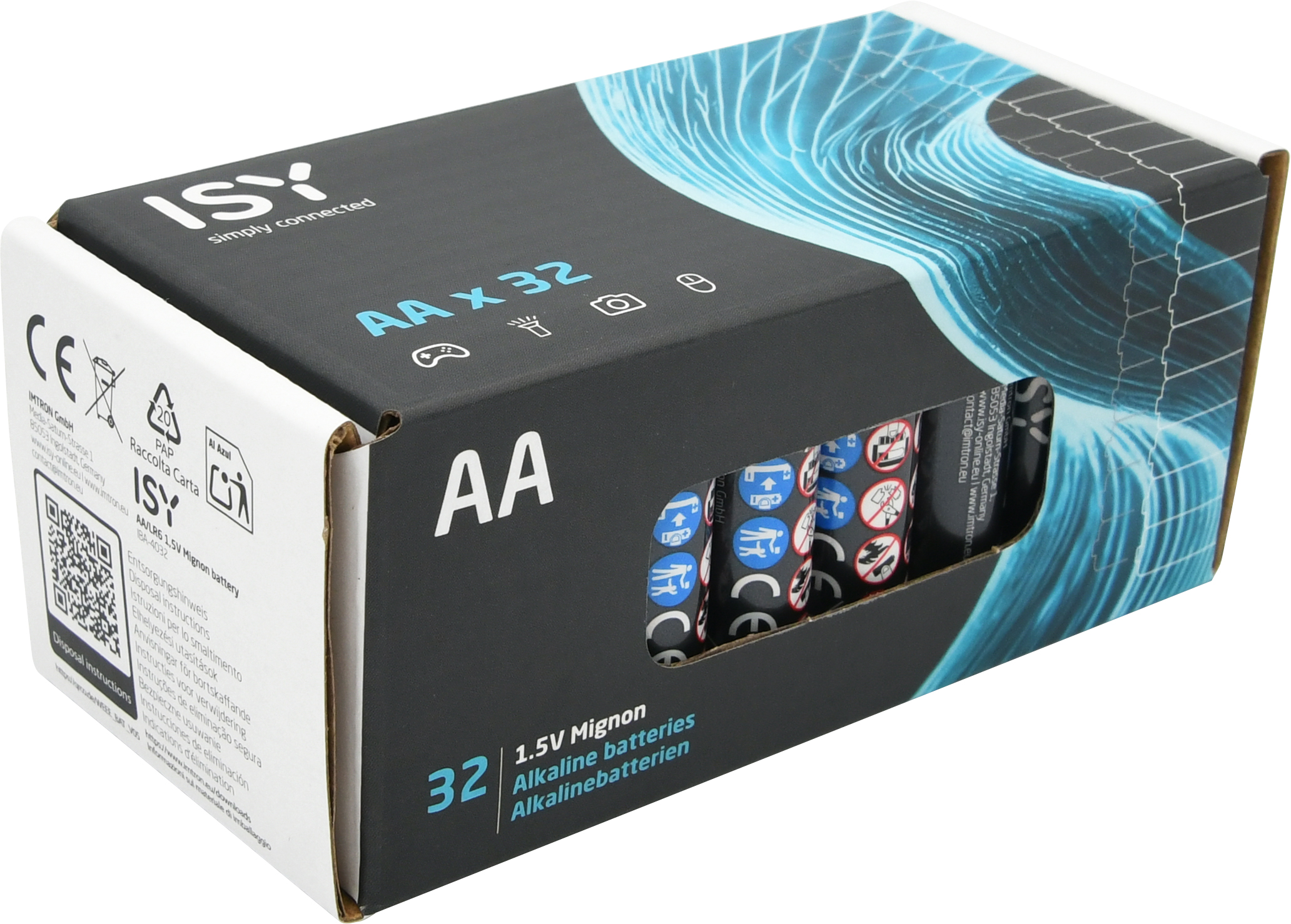 Eine schwarze Isy AA-Batteriebox mit blauen Akzenten und einem Ausschnitt, der die innenliegenden Batterien zeigt.