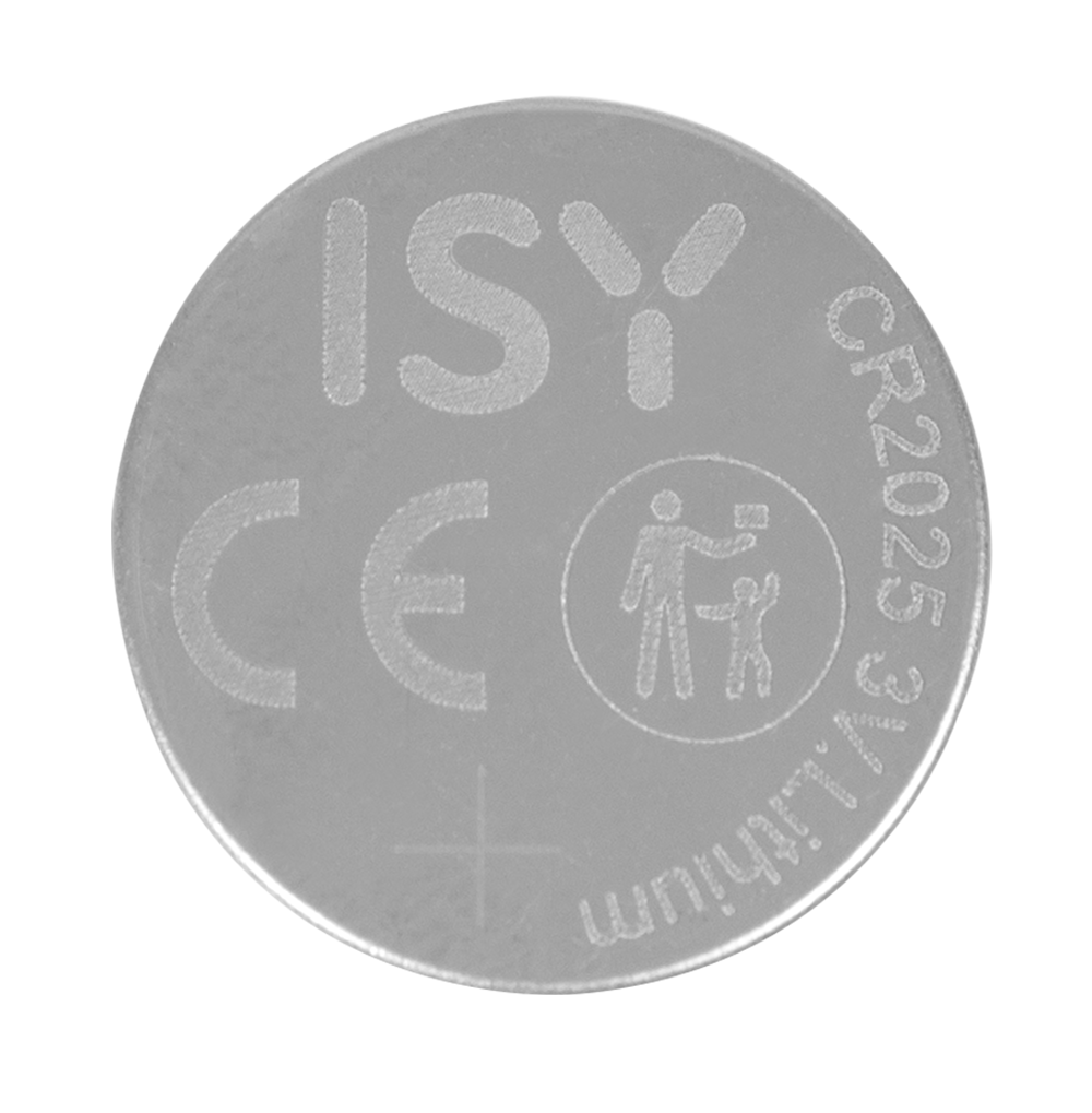 Eine graue ISY CR2025 Knopfbatterie mit Text und CE-Kennzeichnung auf schwarzem Hintergrund.