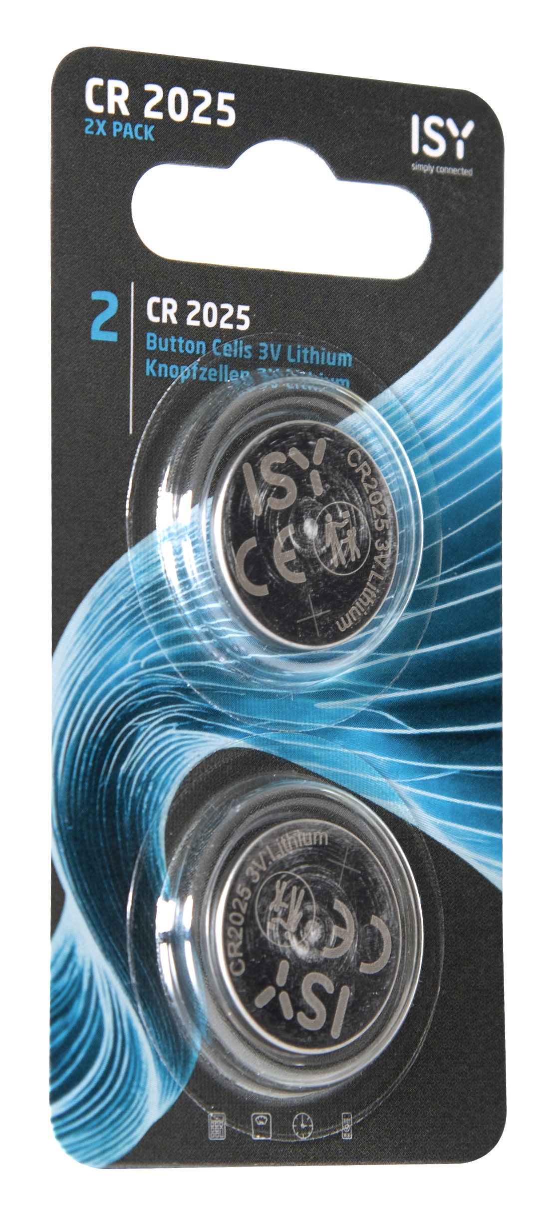 Eine schwarz-blaue Blisterpackung mit zwei ISY CR 2025 3V Lithium-Knopfzellenbatterien.