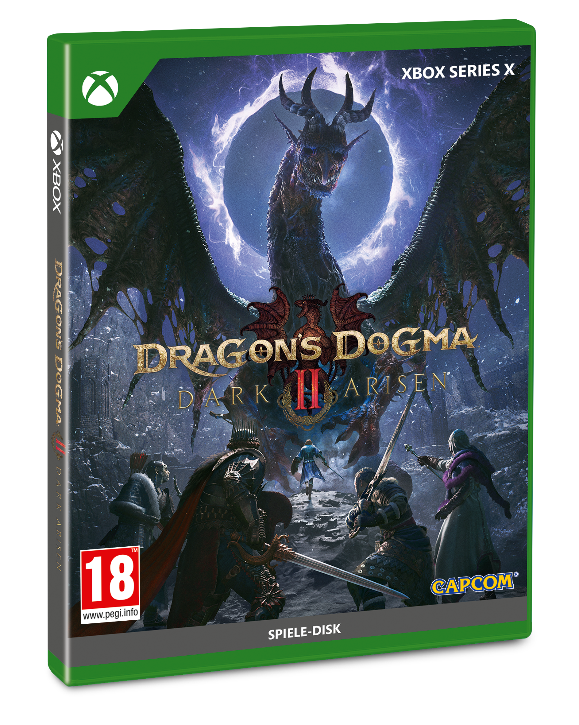 Xbox Series X Cover von Dragon's Dogma II Dark Arisen mit einem riesigen Drachen und Helden im Vordergrund.