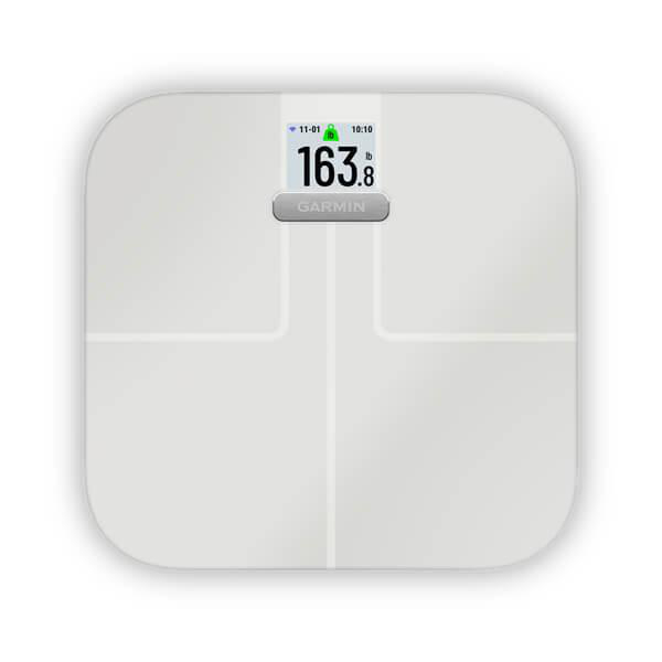 Weiße Garmin-Waage mit digitalem Display, das 163.8 lb anzeigt.