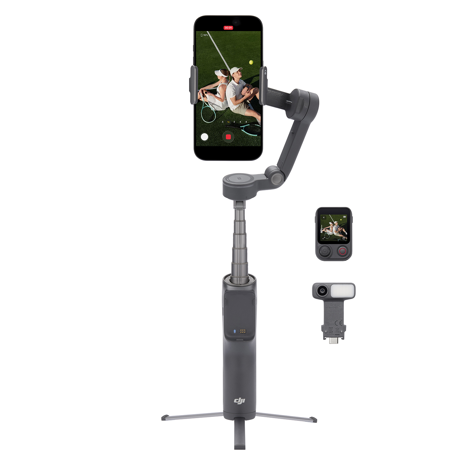 Beyaz arka planda uzatılabilir çubuklu, tripot ayaklı, ayrı ekranlı ve kamera modüllü gri akıllı telefon gimbalı.