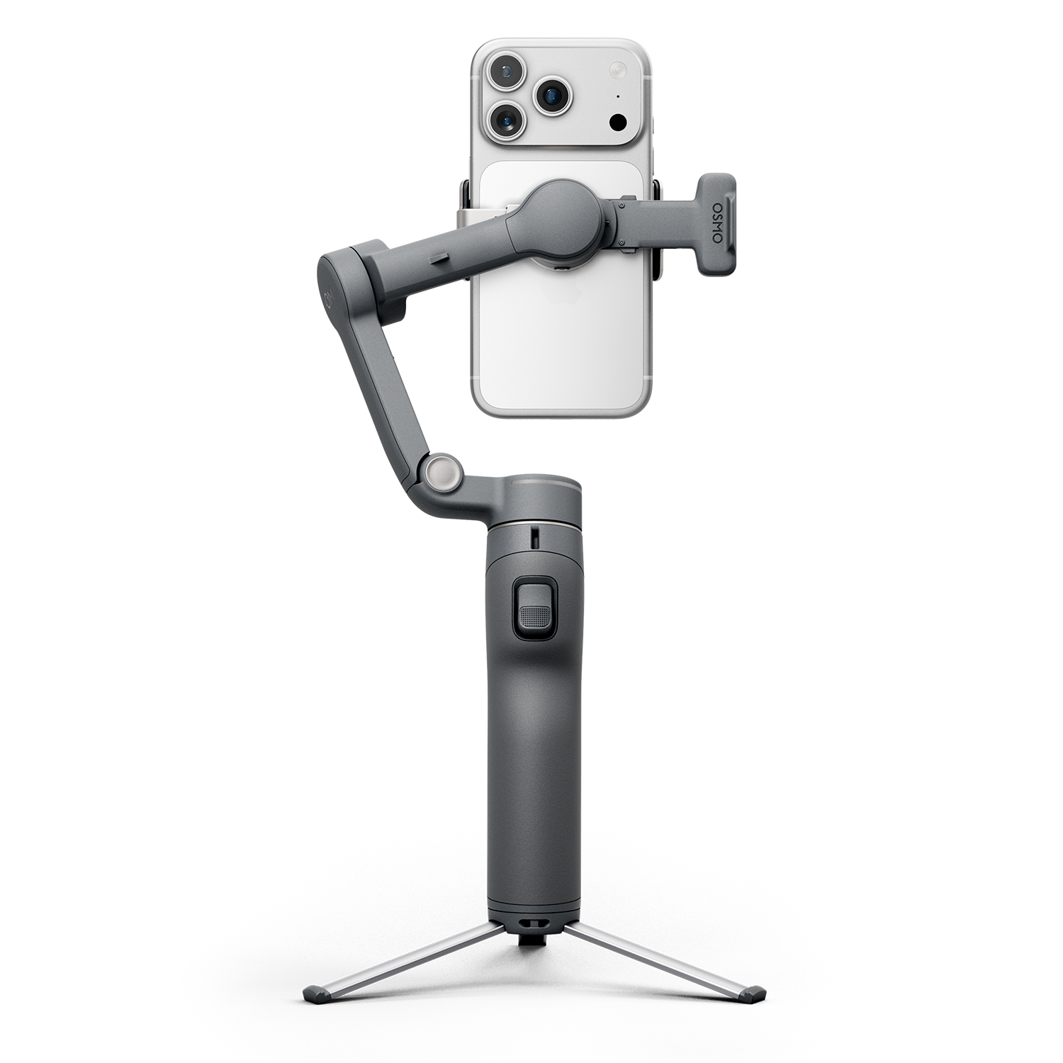 Siyah arka planda, beyaz bir akıllı telefonu tutan gri renkli bir Osmo akıllı telefon sabitleyicisi ve tripod.