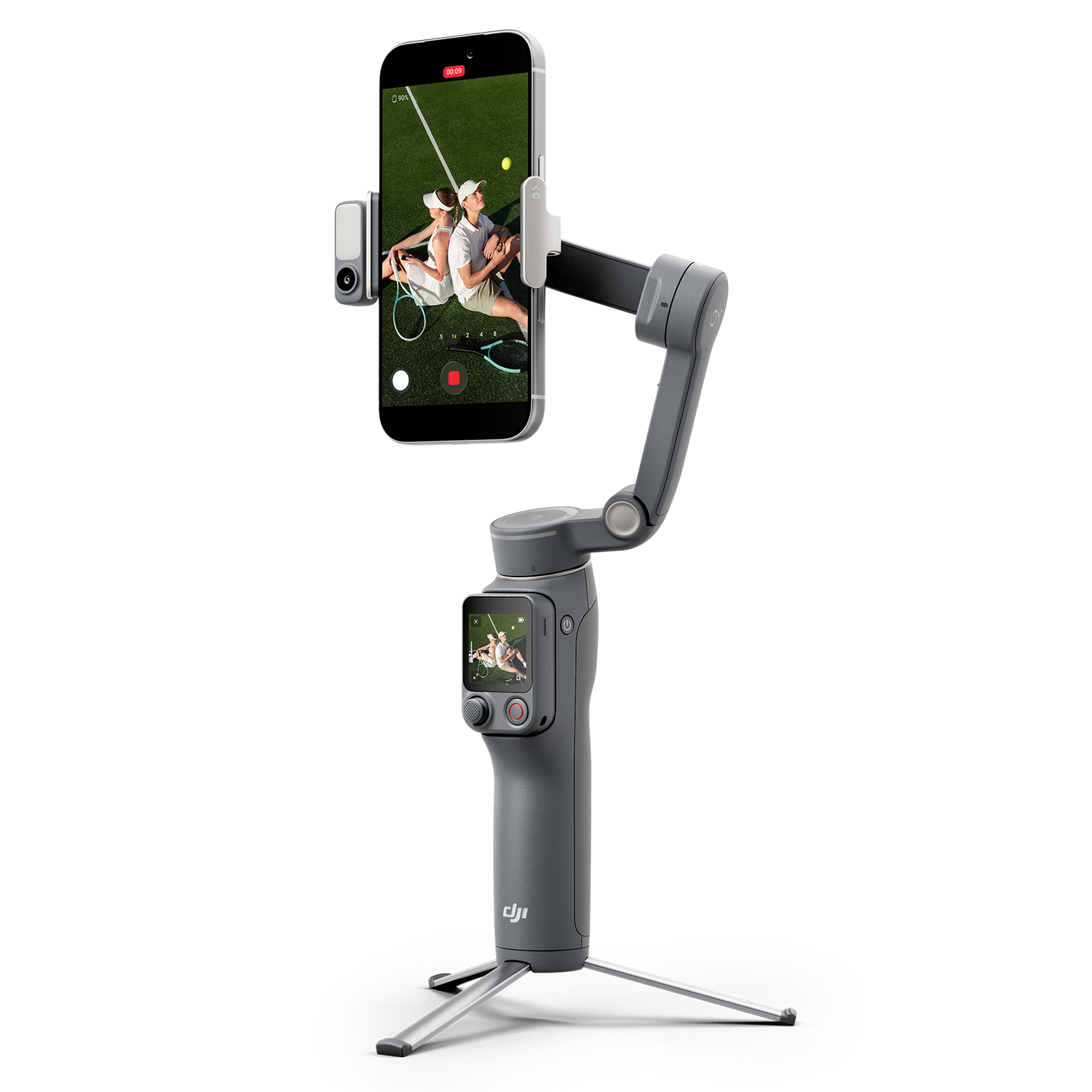 Yerleşik tripoda sahip gri bir akıllı telefon gimbalı, ekranında tenisçileri gösteren bir telefon tutuyor.