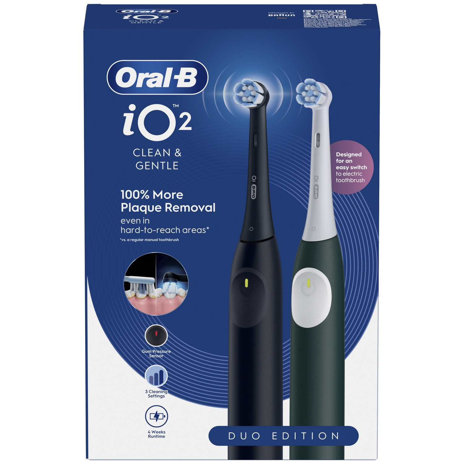 Oral-B iO2 Duo Edition doos met een zwarte en een groene elektrische tandenborstel.