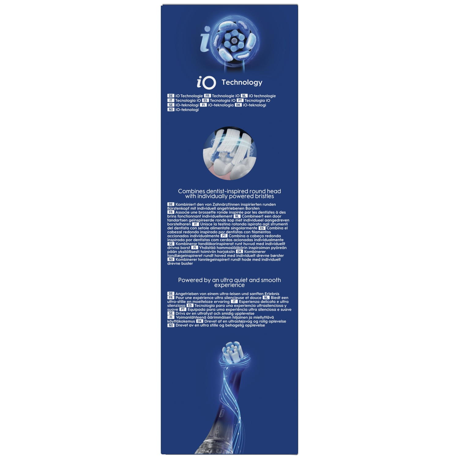 Blauwe Oral-B iO tandenborsteldoos met ronde kop en stille motor.