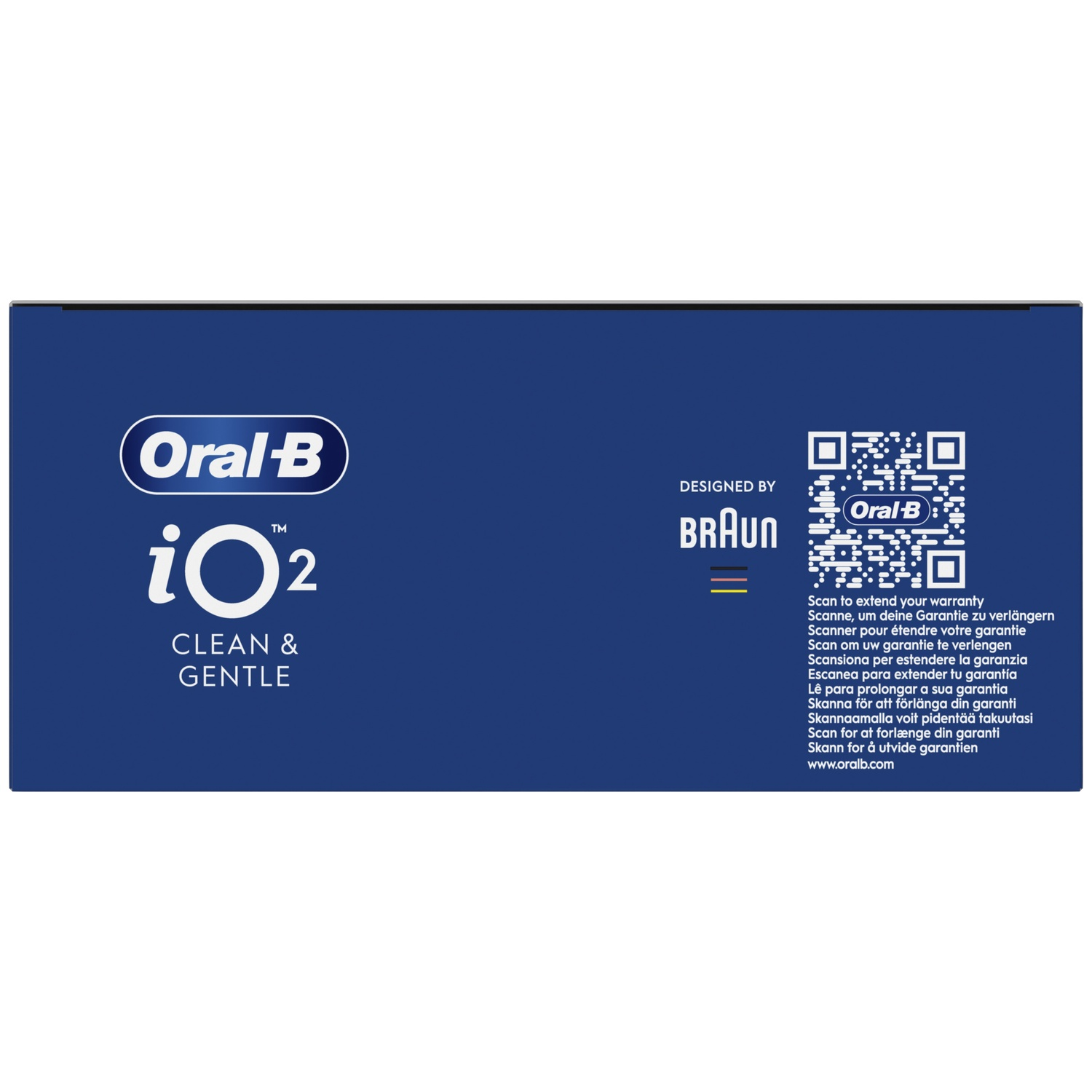 Blauwe Oral-B iO2 verpakking met logo, Braun-tekst en garantie QR-code.