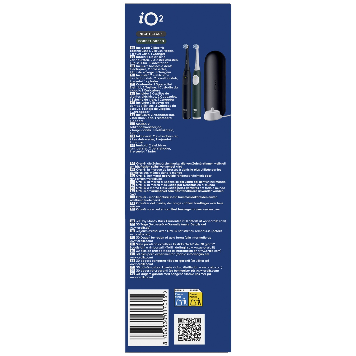 Achterkant van Oral-B iO2 doos met inhoud, beschrijving, garantie en barcodes op een blauwe achtergrond.