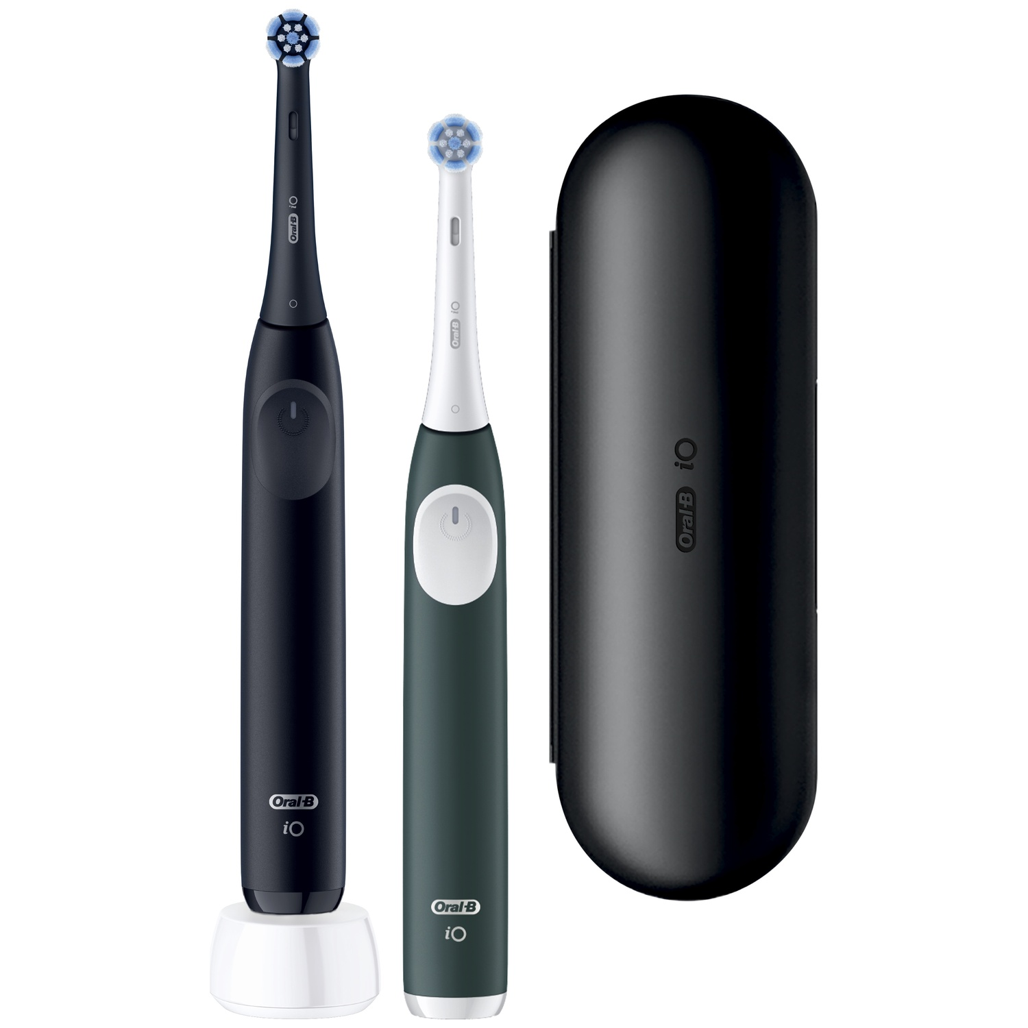 Twee Oral-B elektrische tandenborstels in zwart en groen met ronde koppen, witte oplader en zwarte reisetui.