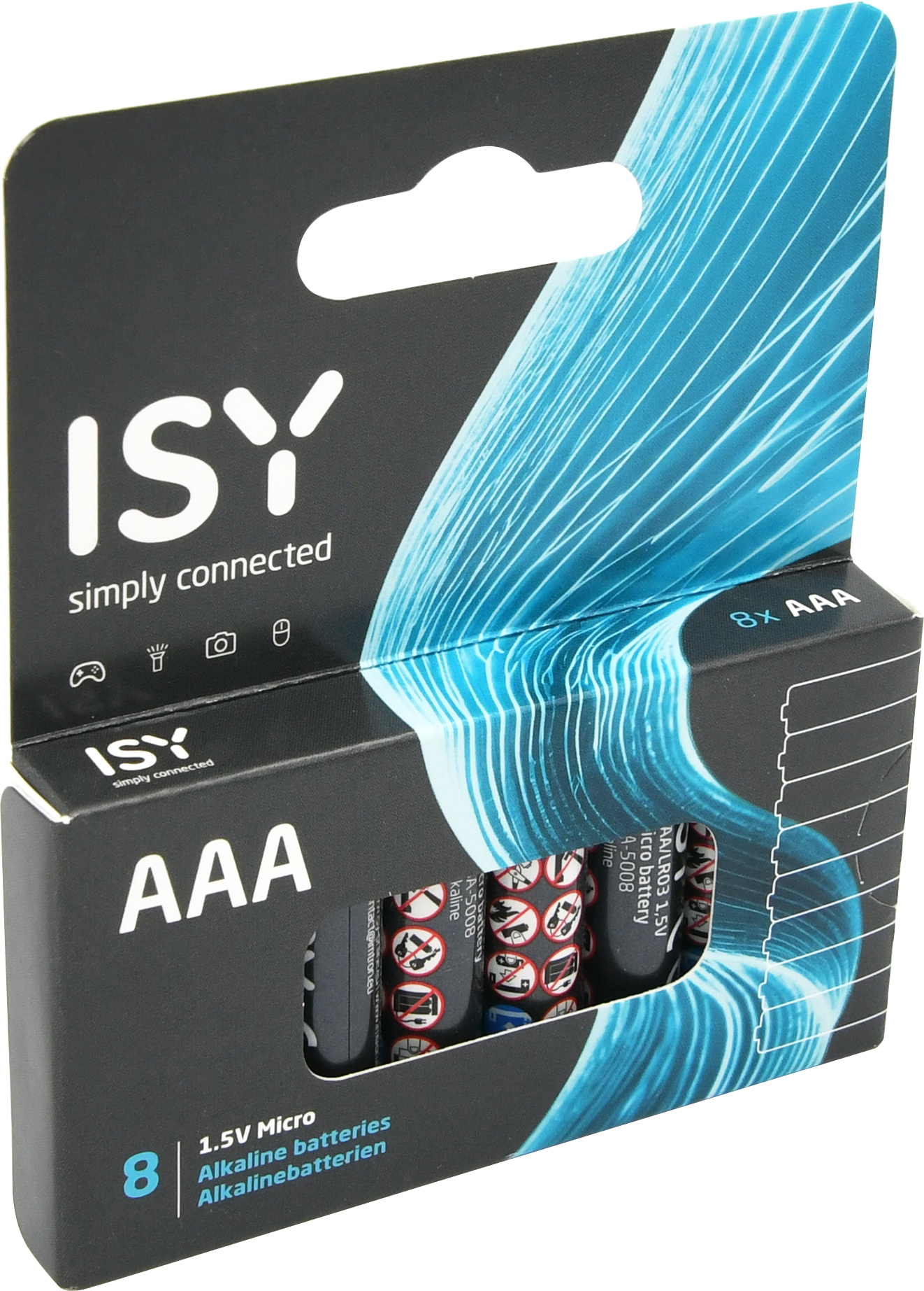 Eine schwarze ISY AAA-Alkalibatterieverpackung mit blauen Designelementen und sichtbaren Batterien.