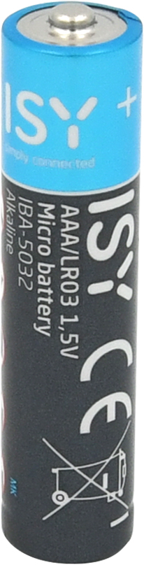 Eine blau-schwarze ISY AAA-Alkalibatterie mit weißer Aufschrift und dem positiven Pol oben.