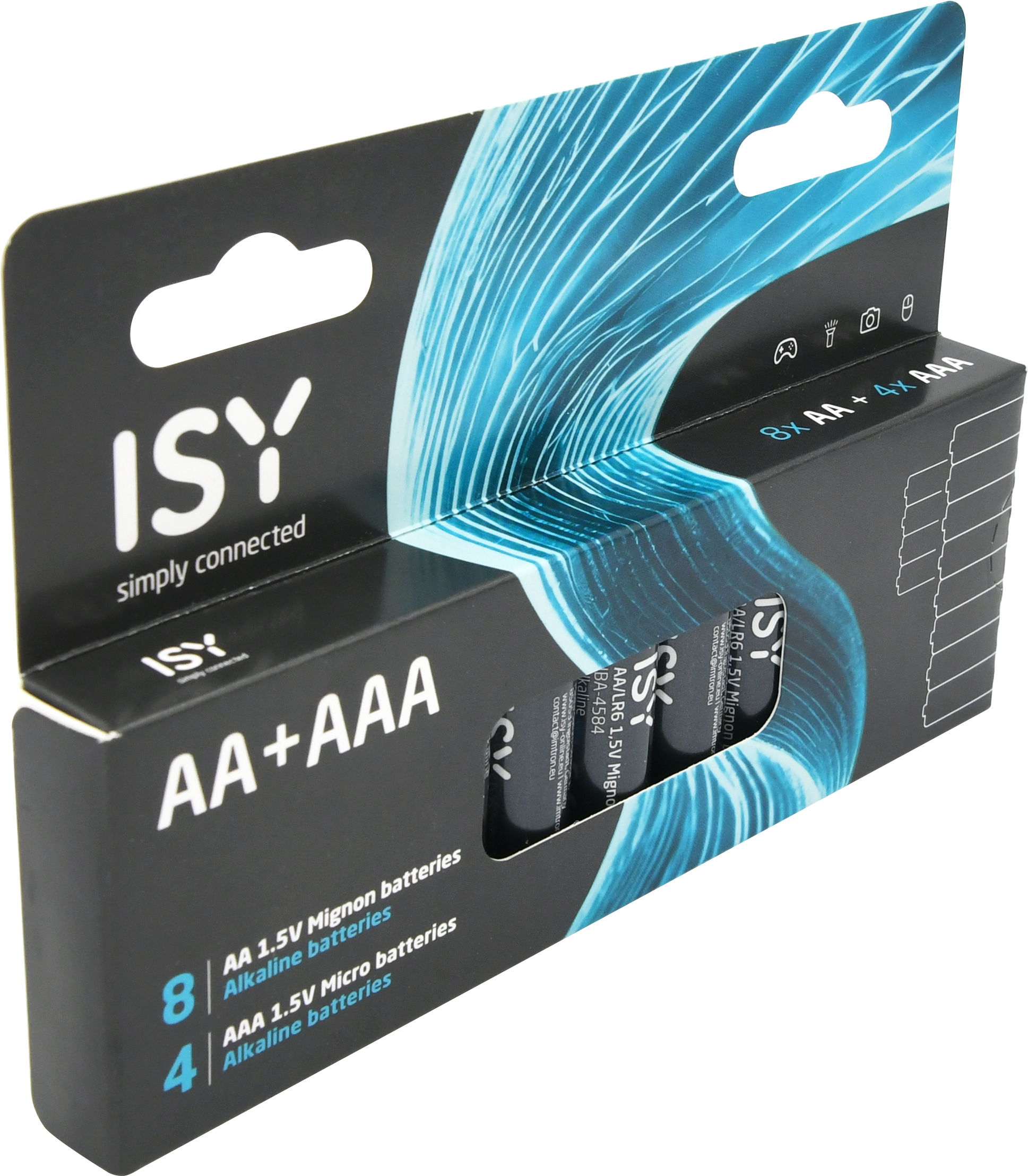 Schwarze ISY-Batterieverpackung mit blauen Designelementen, enthält 8 AA- und 4 AAA-Alkalibatterien.