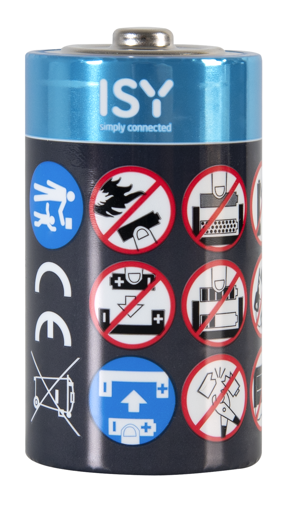 Blaue und schwarze ISY C-Batterie mit Warnsymbolen auf schwarzem Hintergrund.