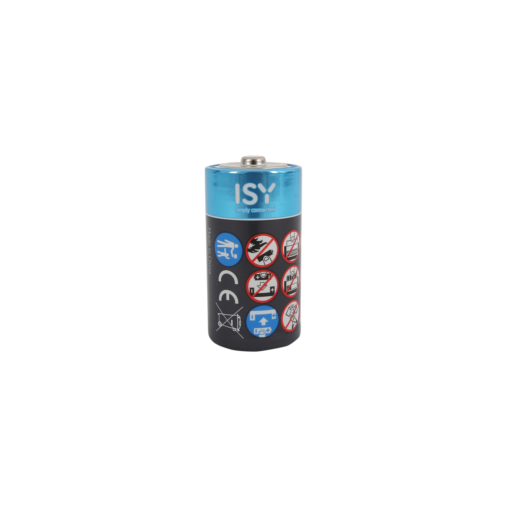 Eine blau-schwarze ISY C-Batterie mit Warnsymbolen auf der Vorderseite steht auf weißem Hintergrund.