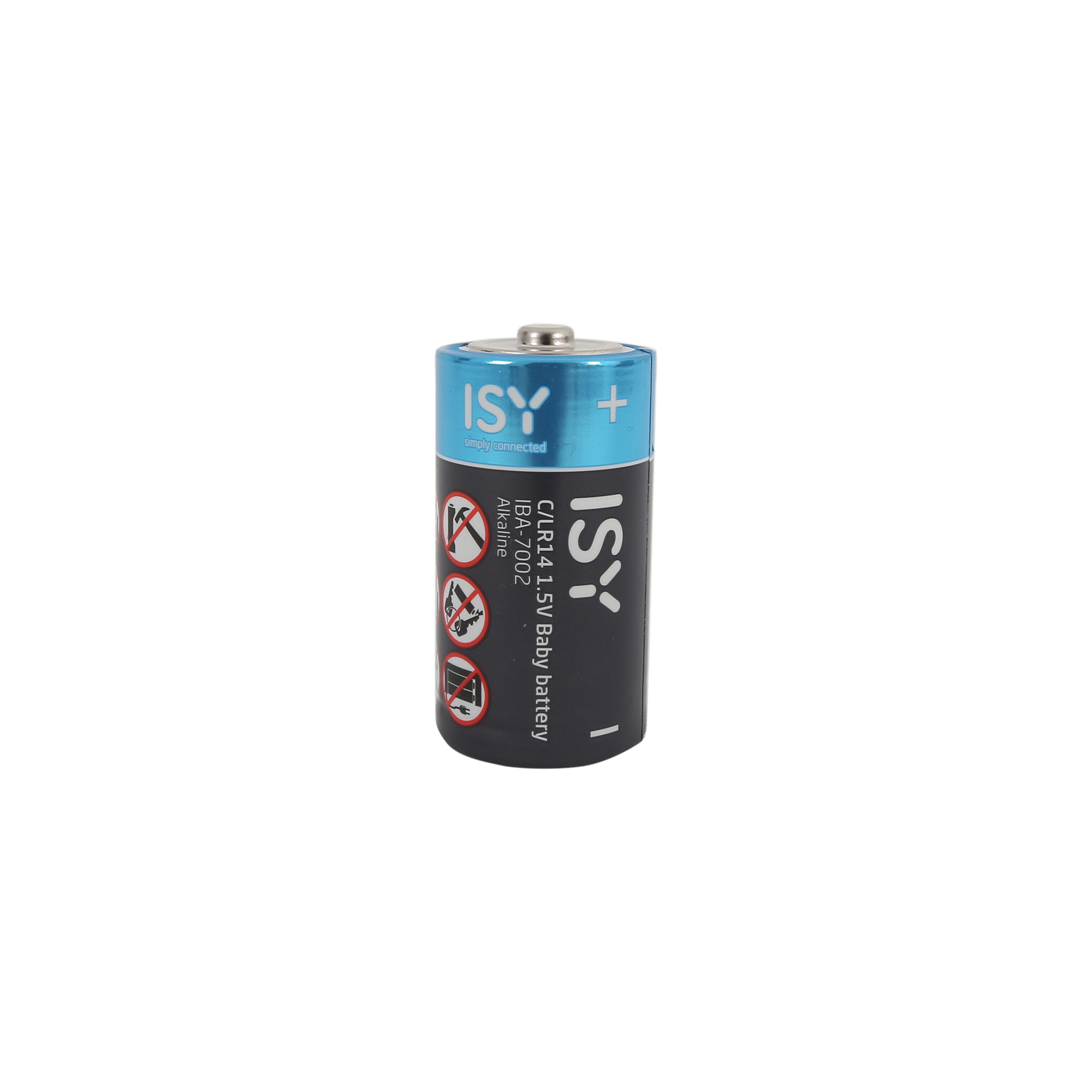 Eine ISY C LR14 1,5V Baby-Alkalibatterie stehend vor weißem Hintergrund.