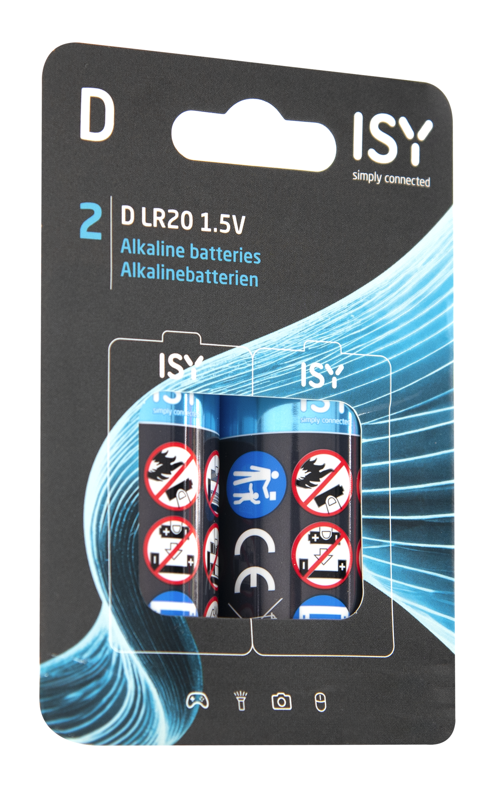 Verpackung von zwei ISY D LR20 1,5V Alkaline-Batterien mit blauen und schwarzen Akzenten auf schwarzem Grund.