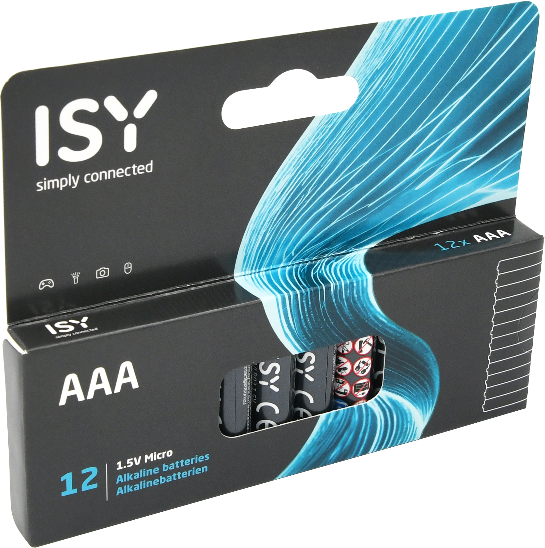 Eine schwarze ISY AAA Alkaline-Batterien-Packung mit blauen Wellenlinien und einem Sichtfenster auf die Batterien.